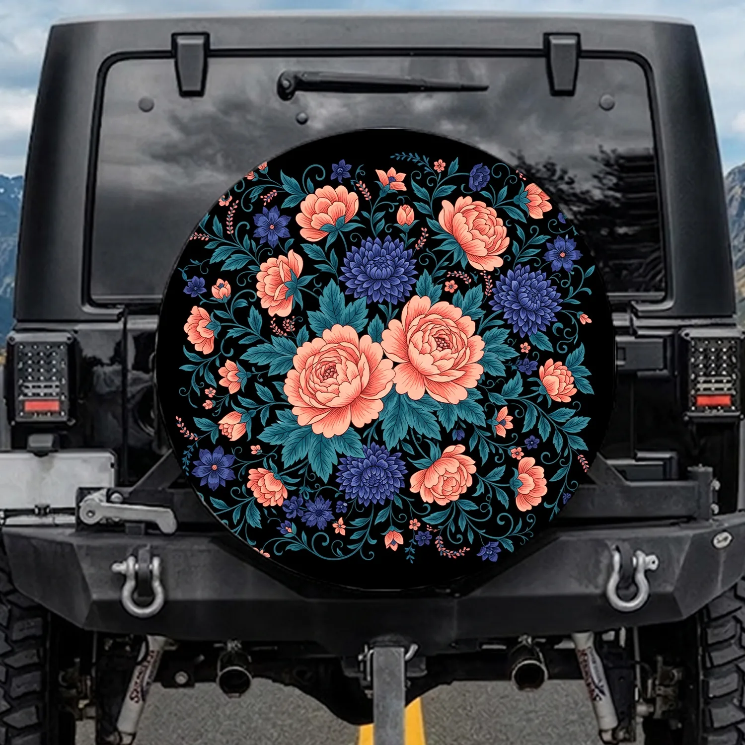 Lush Coral Peach Purplish Blue Chrysanthemum Floral Arrangement - Classic Elegance Gift Spare Tire Cover - 1