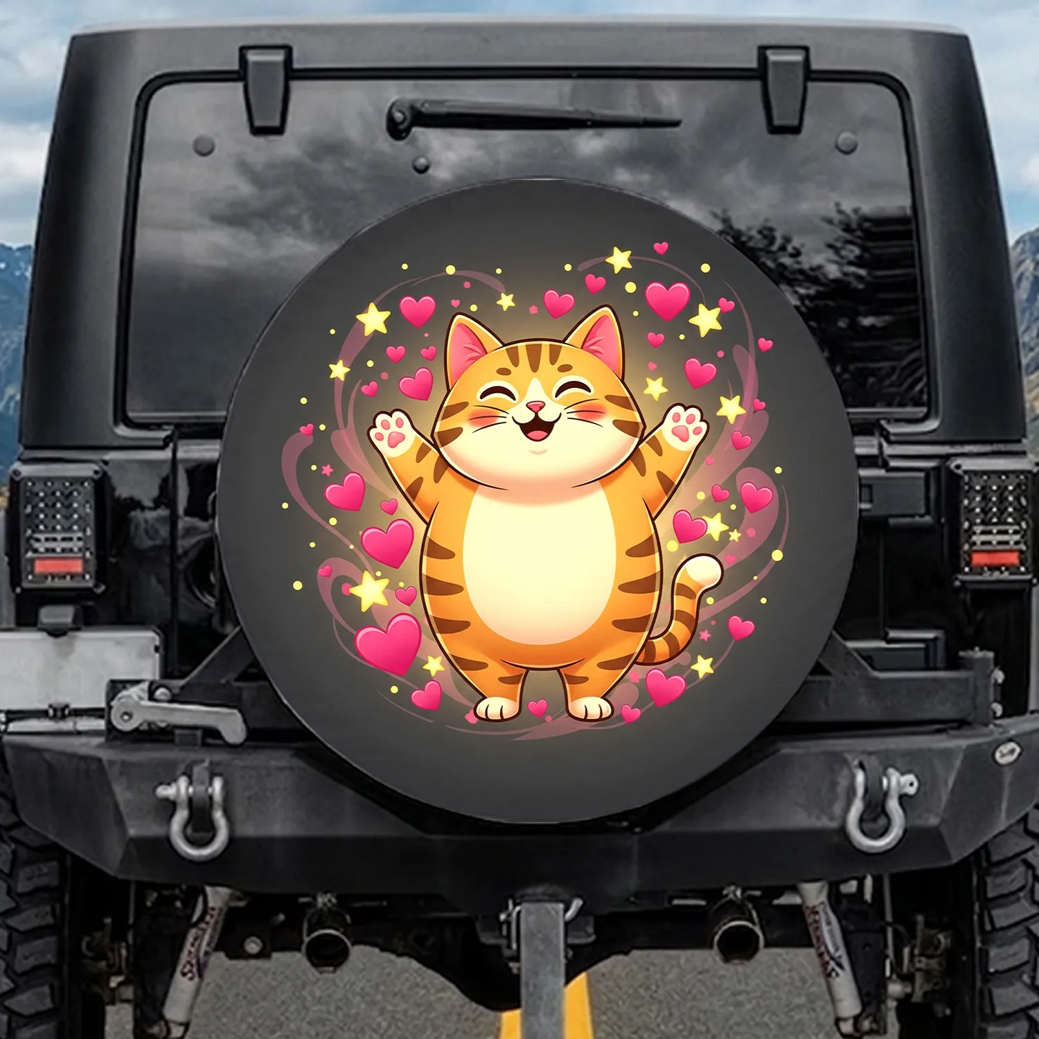 Plump Orange Tabby Cat Rosy Cheeks Pink Hearts Yellow Stars - Gift for Cat Lover Spare Tire Cover - 1