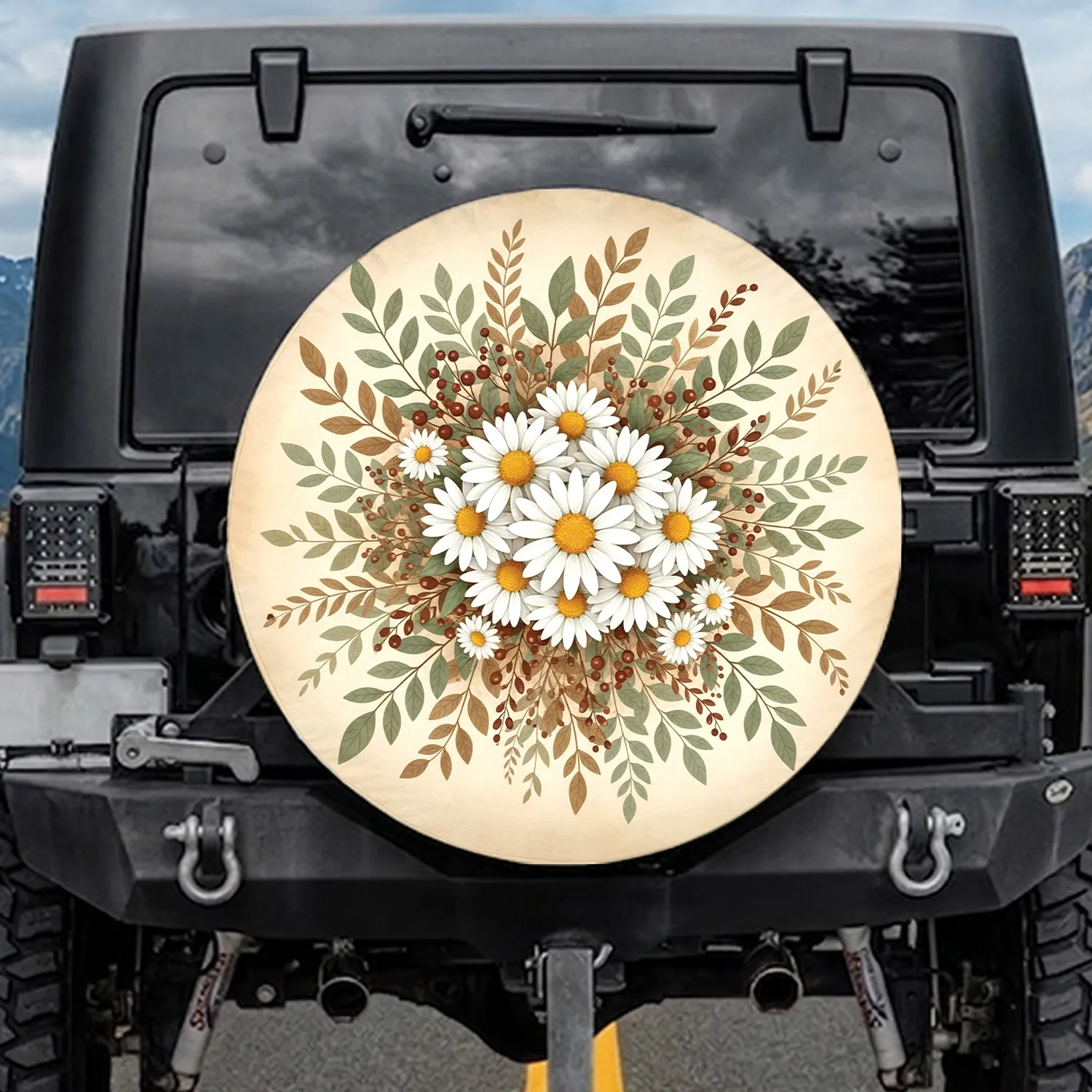 White Daisy Flowers Golden Centers Botanical Leaves Berries Sprigs - Nature Lover Decor Gift Spare Tire Cover - 1