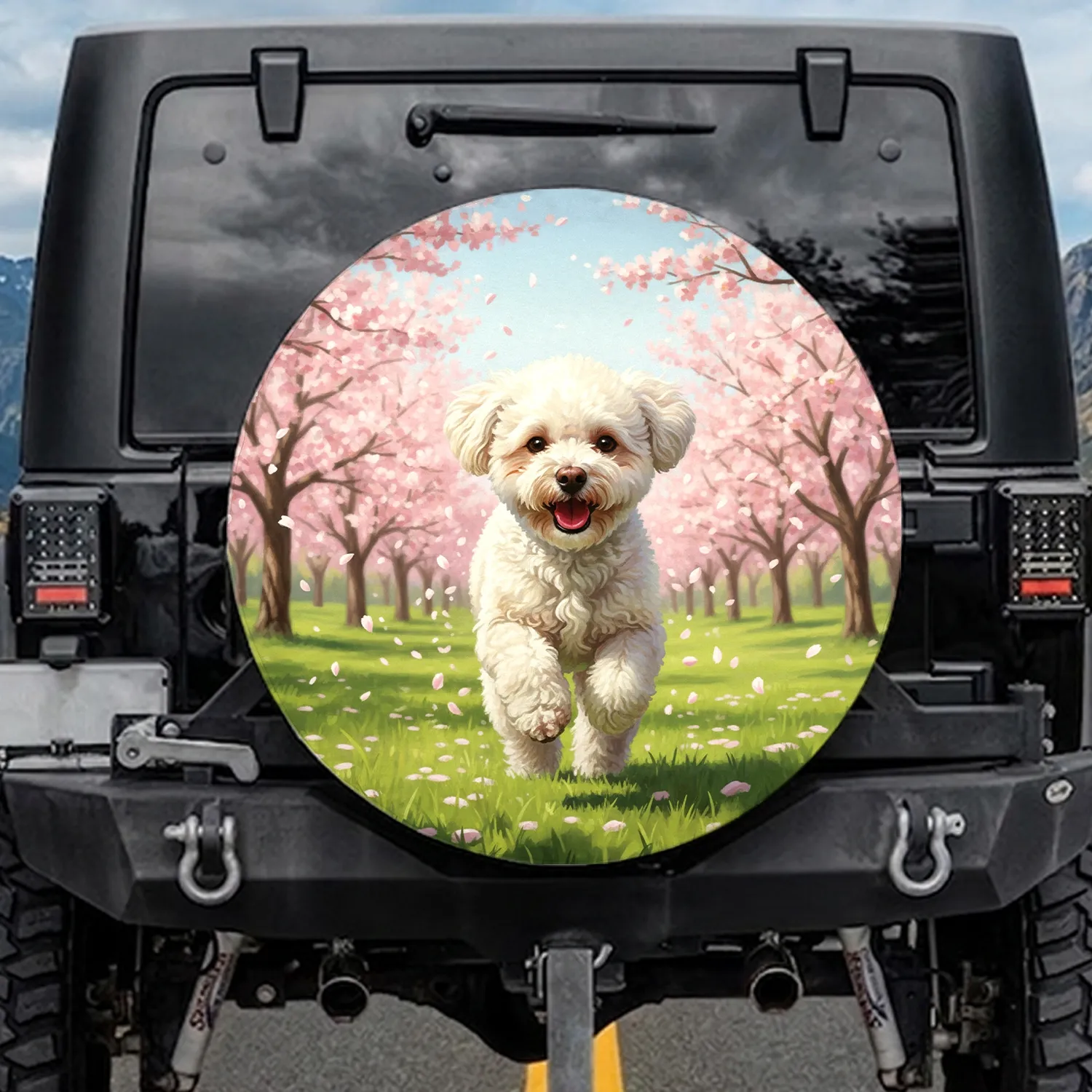 Joyful Fluffy White Dog Cherry Blossom Park - Outdoor Nature Lover Gift Spare Tire Cover - 1