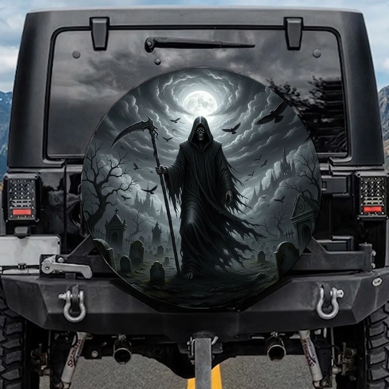 Grim Reaper Scythe Gothic Graveyard Full Moon - Dark Fantasy Horror Vehicle Decor Gift Spare Tire Cover - 1