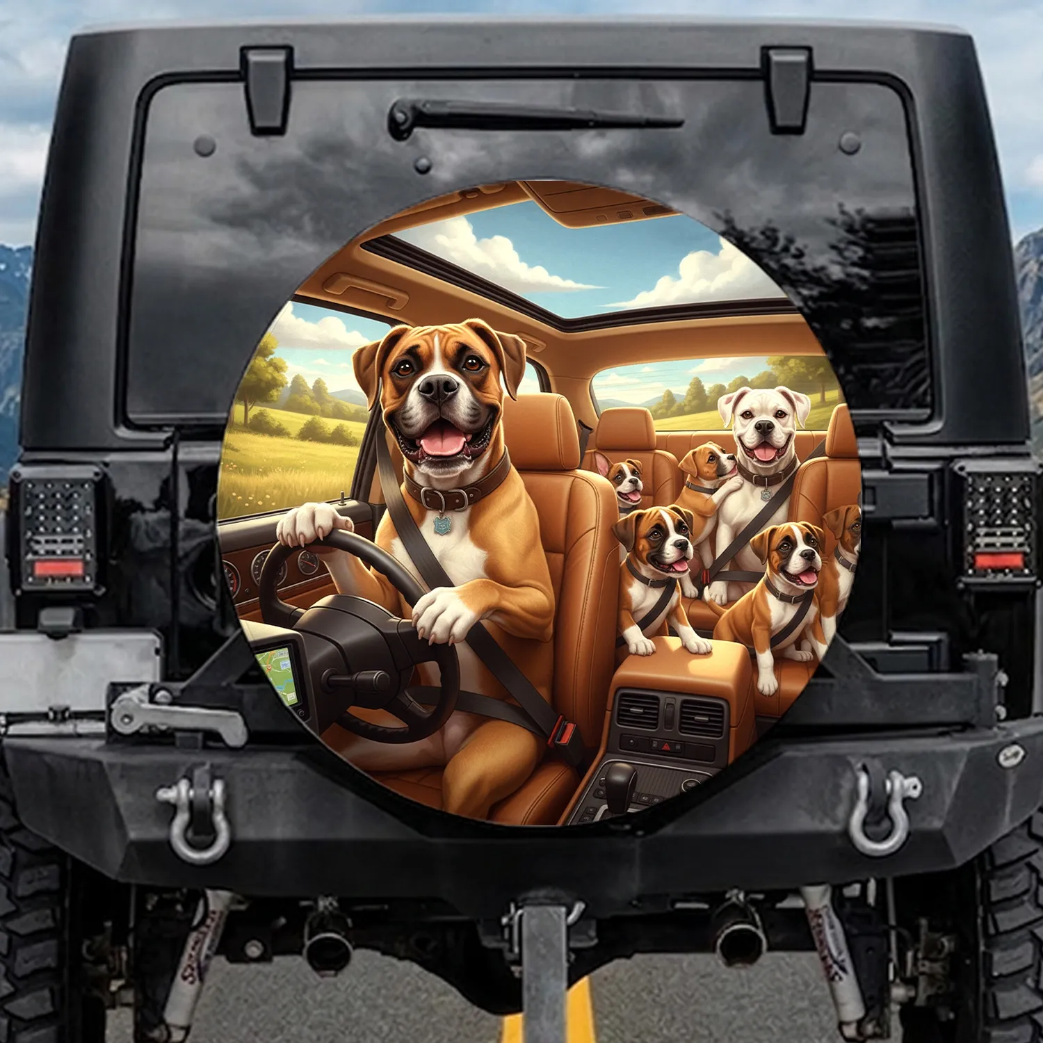 Boxer Dogs Driving Car Road Trip Adventure - Pet Travel Essentials Spare Tire Cover - 1