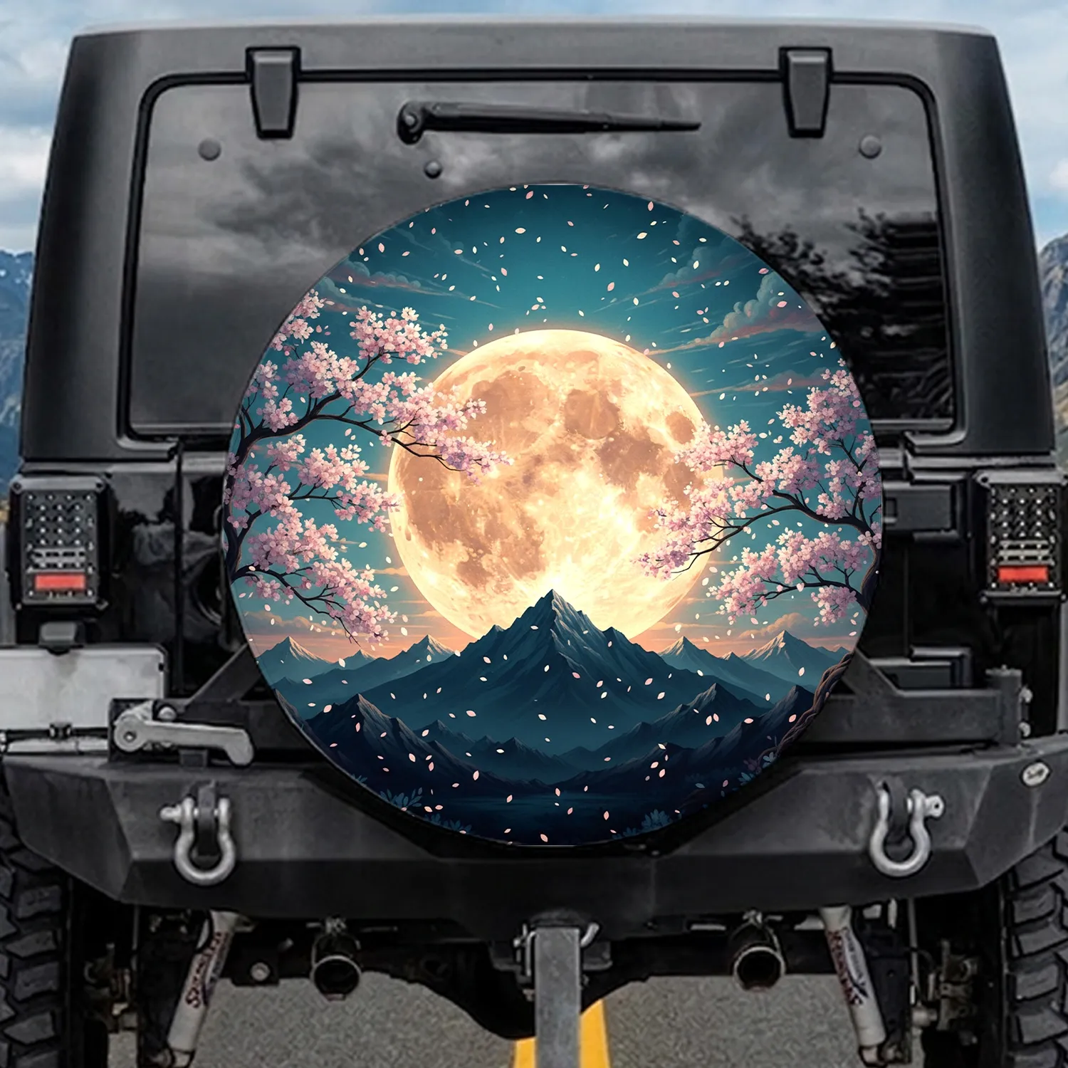 Luminous Full Moon Cherry Blossom Mountain - Nature Lover Gift Spare Tire Cover - 1