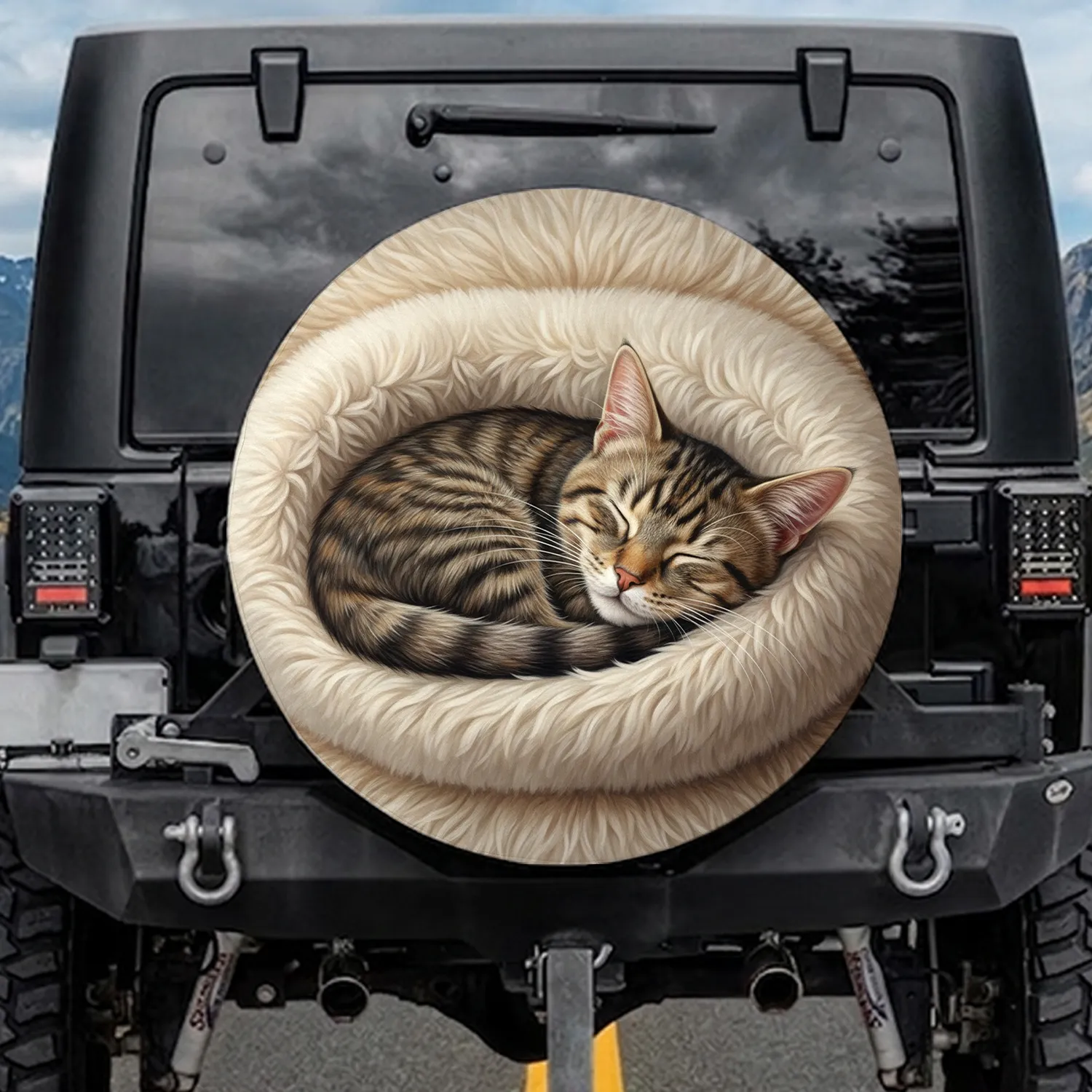 Beige Cream Curled Sleeping Tabby Cat Faux Fur - Cat Lover Home Decor Gift Spare Tire Cover - 1