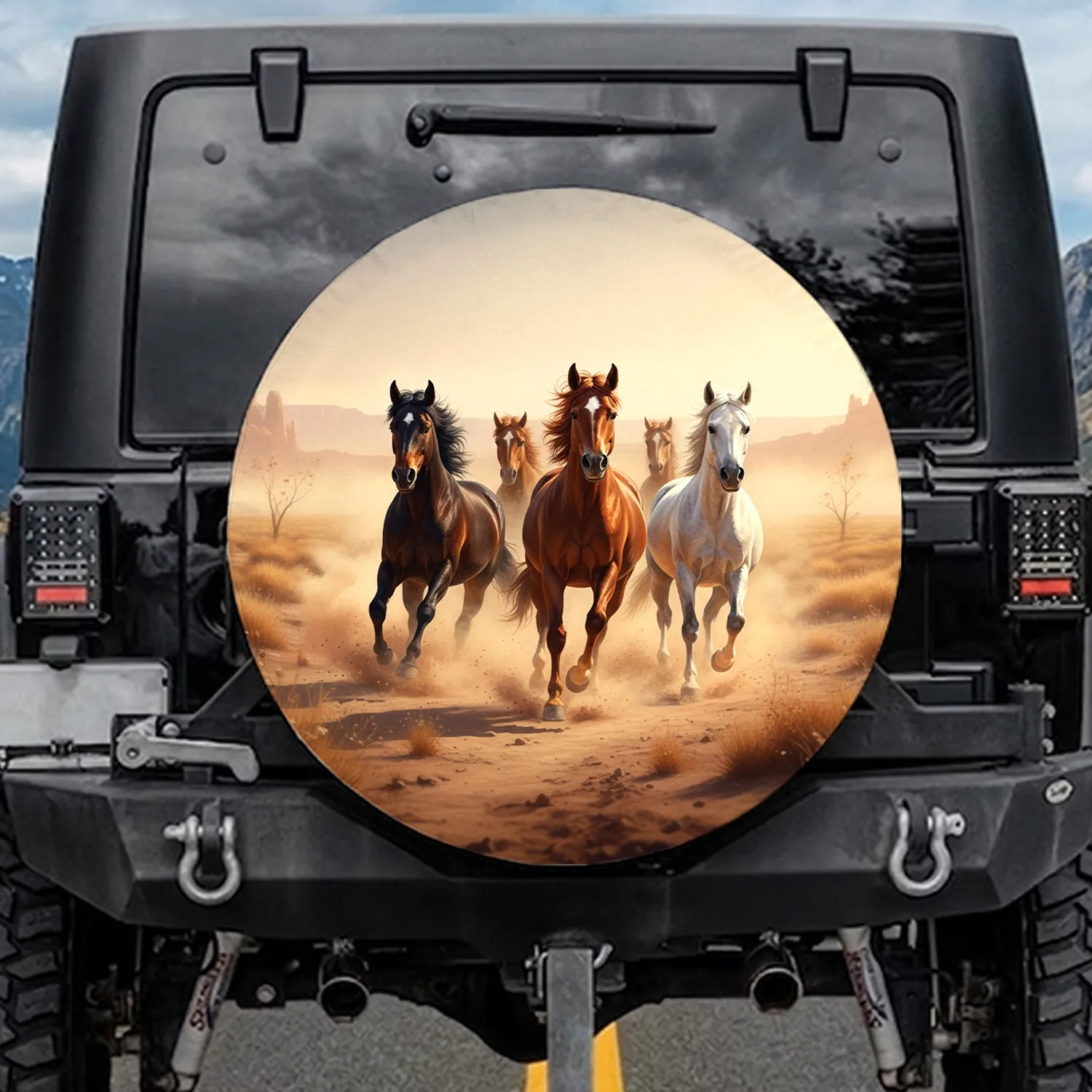 Brown Red White Wild Horse Trio Gallop Dusty Desert - Wildlife Lover Gift Spare Tire Cover - 1