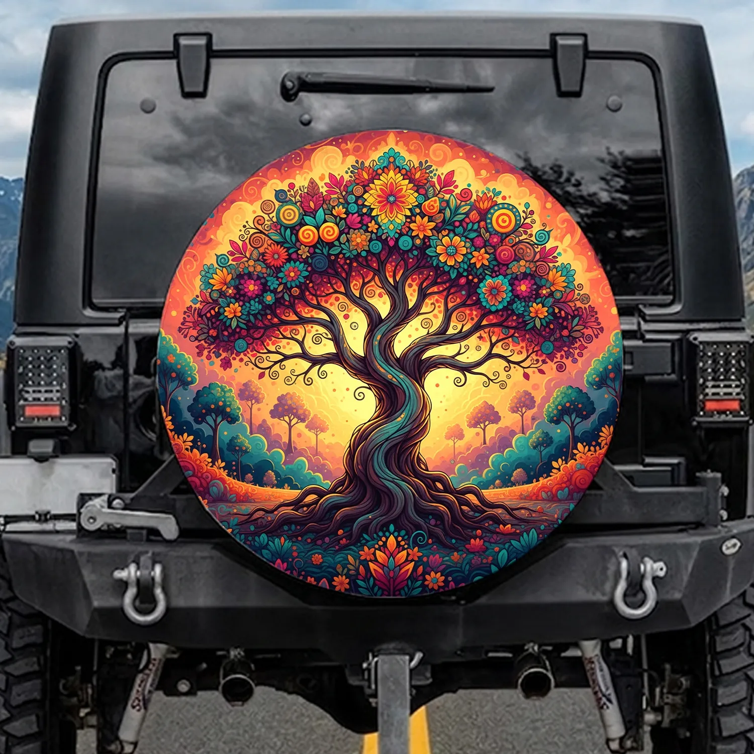Gnarled Tree Floral Spirals Fantasy Landscape Nature Lover Gift Spare Tire Cover - 1