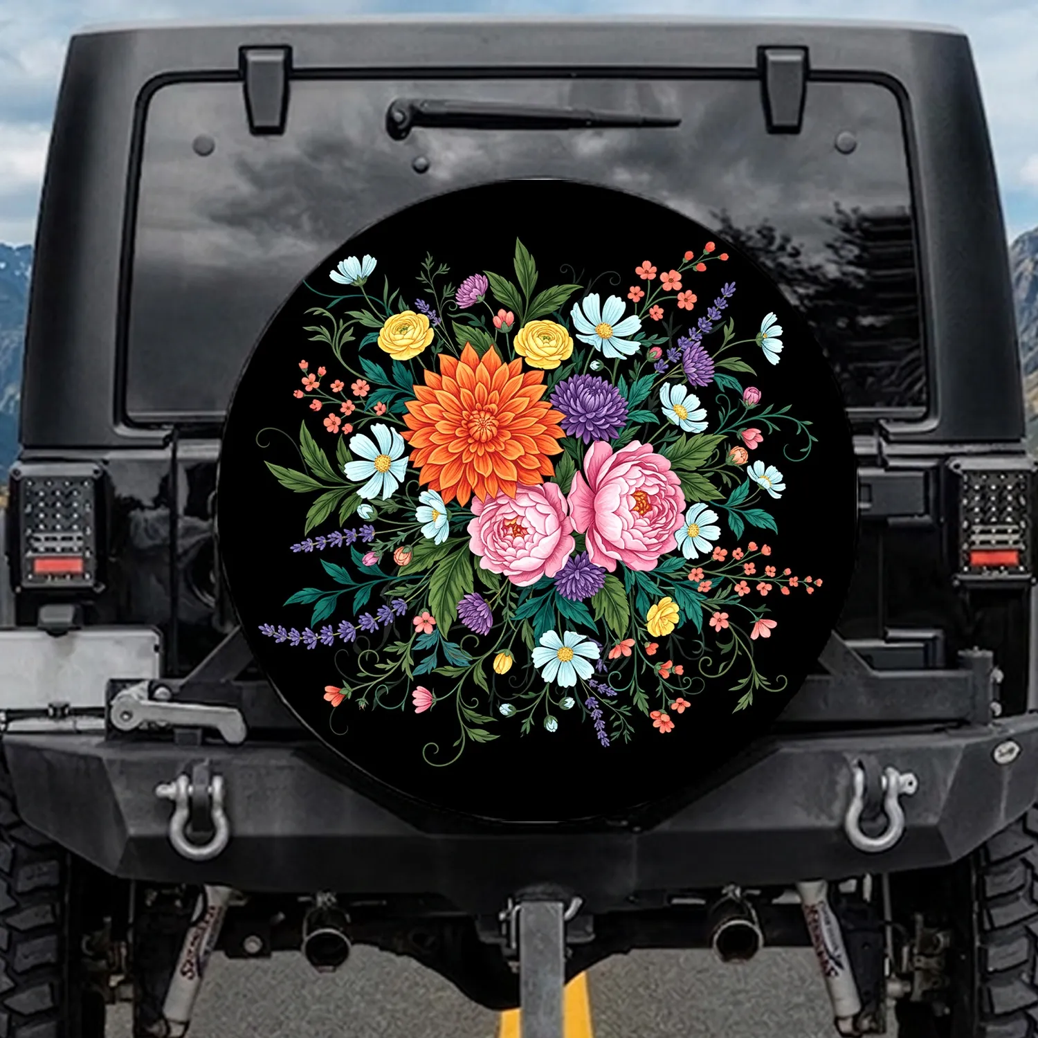 Lush Floral Bouquet Midnight Garden - Everyday Vehicle Decor Spare Tire Cover - 1