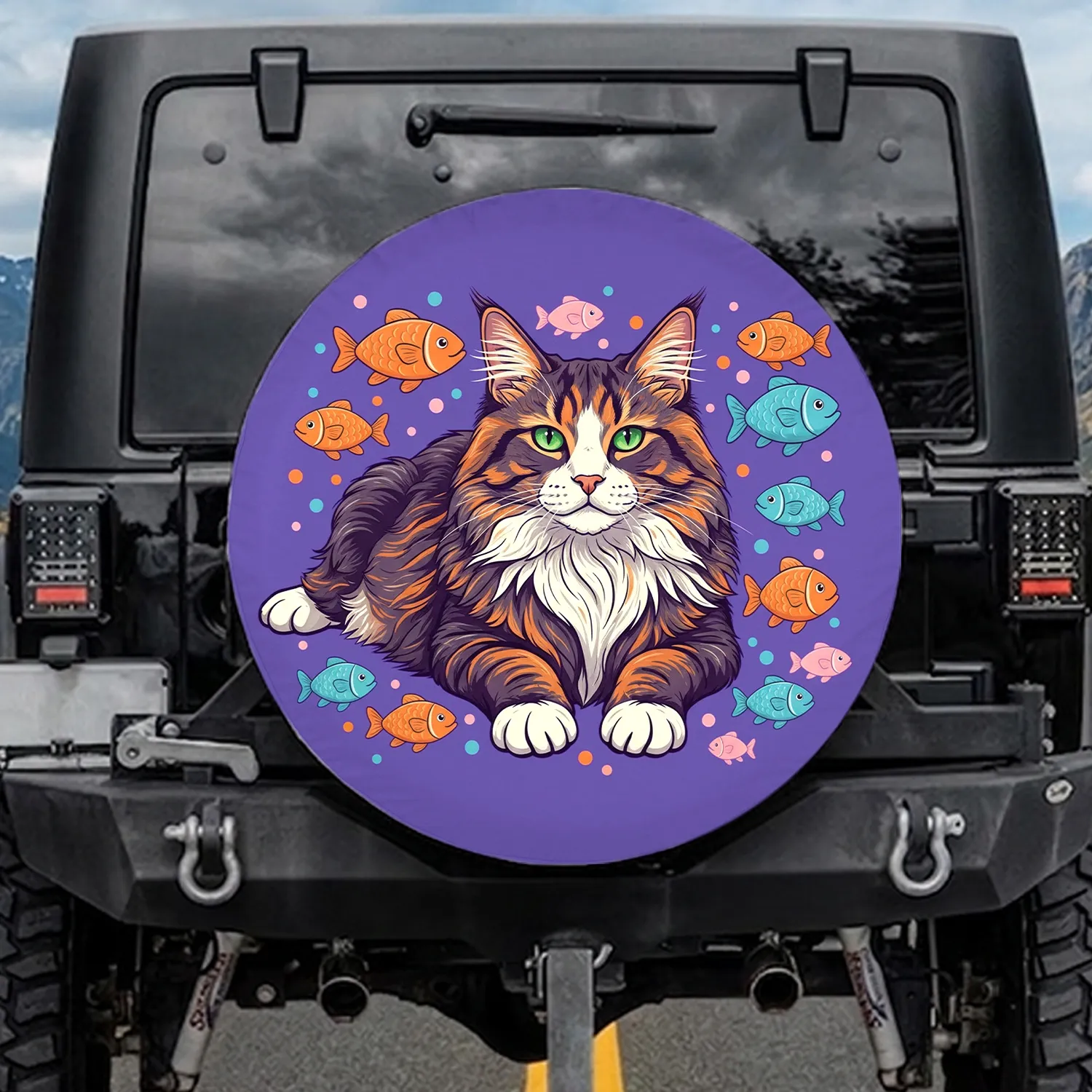 Long-Haired Cat Green Eyes Stylized Fish Purple Field - Cat Lover Gift Spare Tire Cover - 1