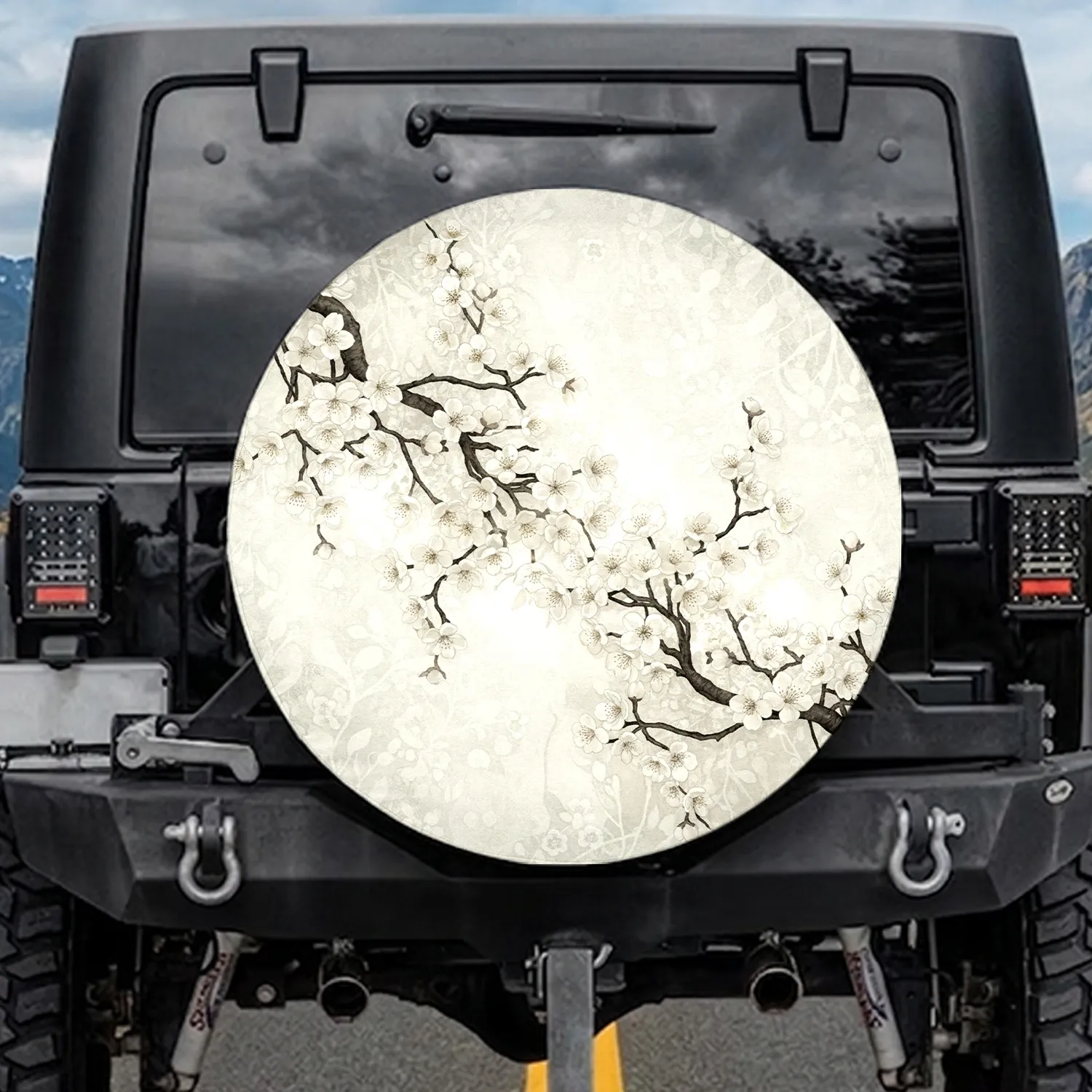 White Cream Cherry Blossoms Dark Brown Branches - Outdoor Nature Gift Spare Tire Cover - 1