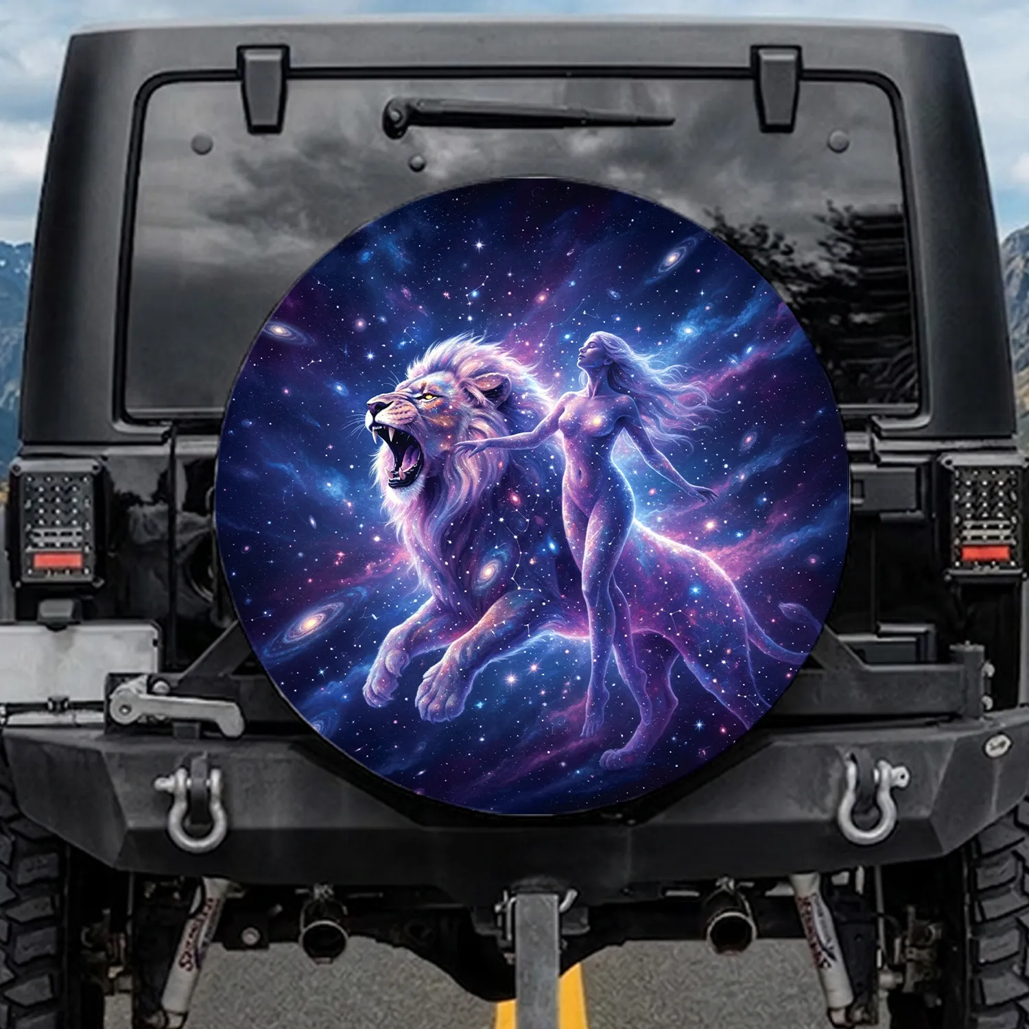 Roaring Lion Ethereal Woman Constellations - Cosmic Lover Gift for Star Gazer Spare Tire Cover - 1