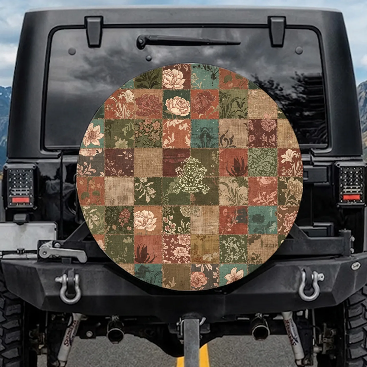 Peonies Lilies Damask Wood Grain Patchwork Textile Collage Farmhouse Decor Gift Spare Tire Cover - 1