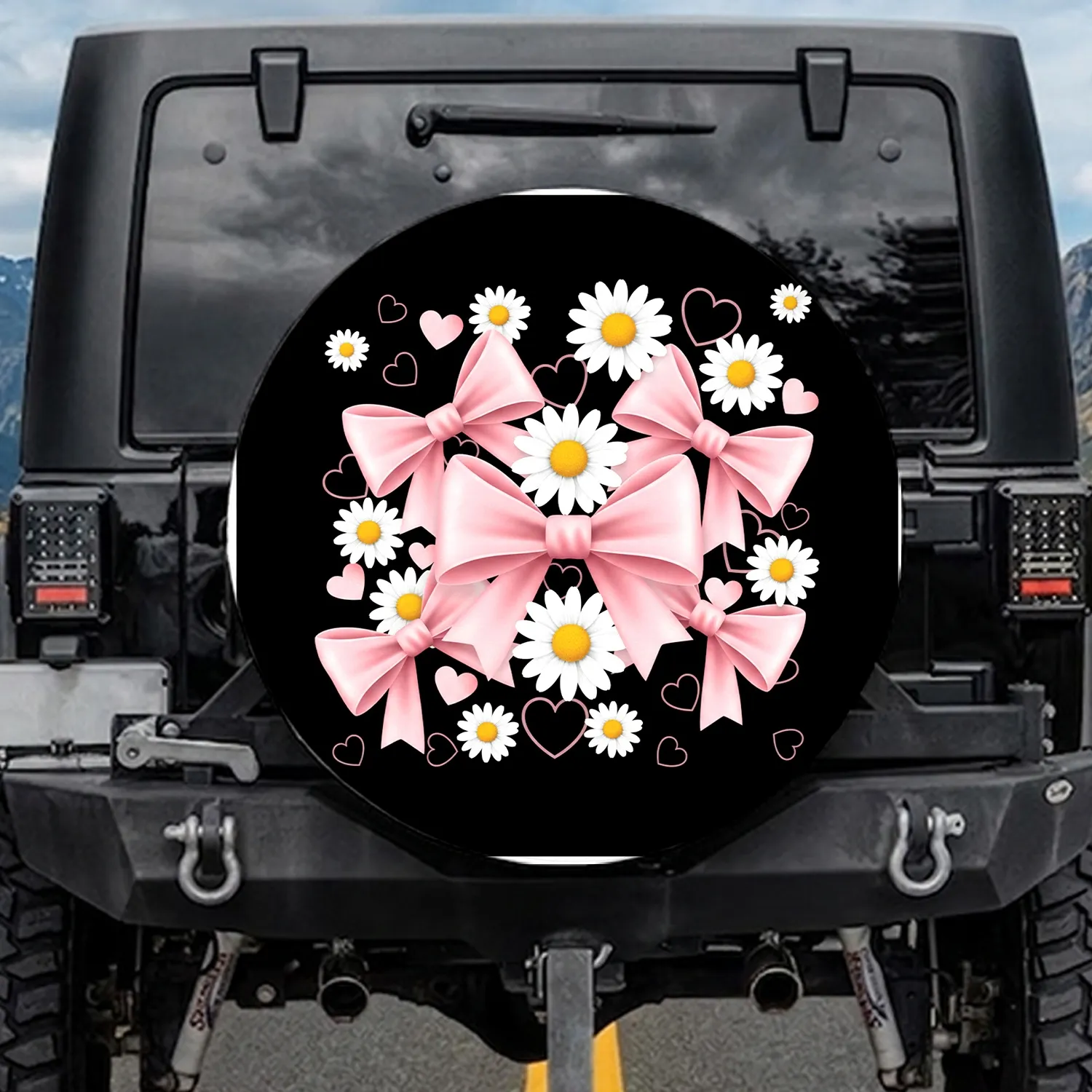Elegantly Tied Pastel Pink Bows White Daisies Outline Hearts - Vehicle Lifestyle Accessory Spare Tire Cover - 1