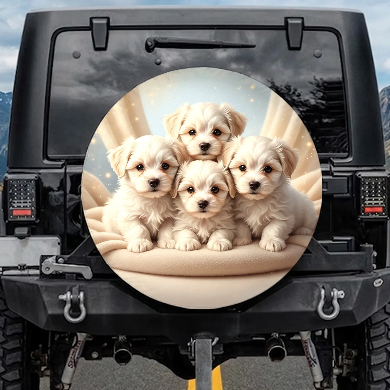 Cute Fluffy White Puppy Dogs Cozy Nest with Bright Curious Eyes – Dog Lover Home Decor Gift Spare Tire Cover - 1