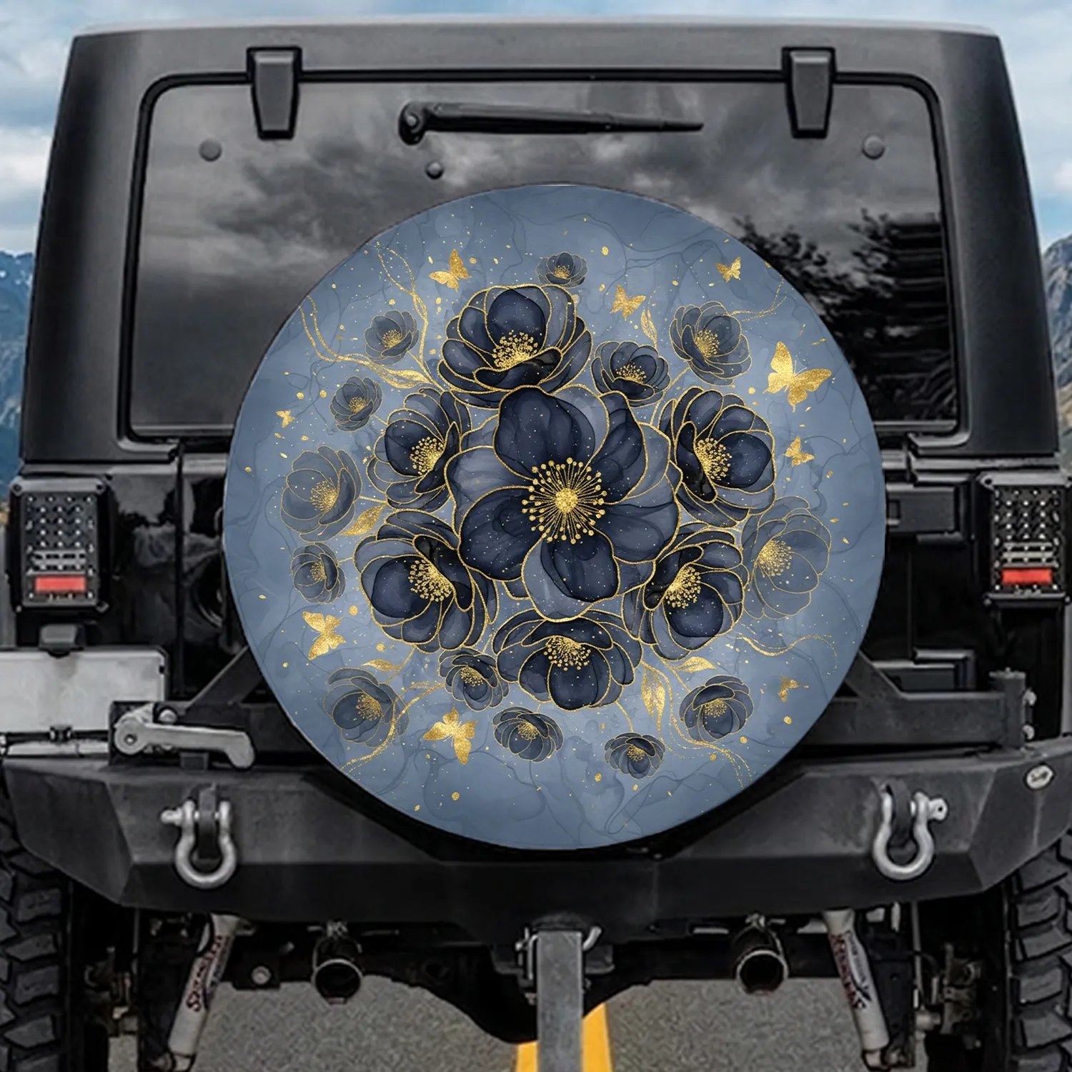 Dark Ethereal Golden Floral Blooms & Shadowy Butterfly Swirl - Dreamlike Home Decor Gift Spare Tire Cover - 1