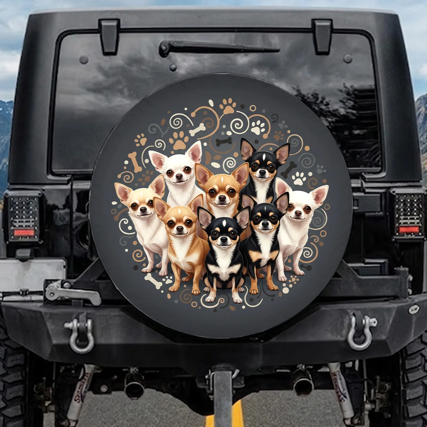Seven Chihuahuas Paw Prints Bone Shapes - Chihuahua Lover Everyday Gift Spare Tire Cover - 1