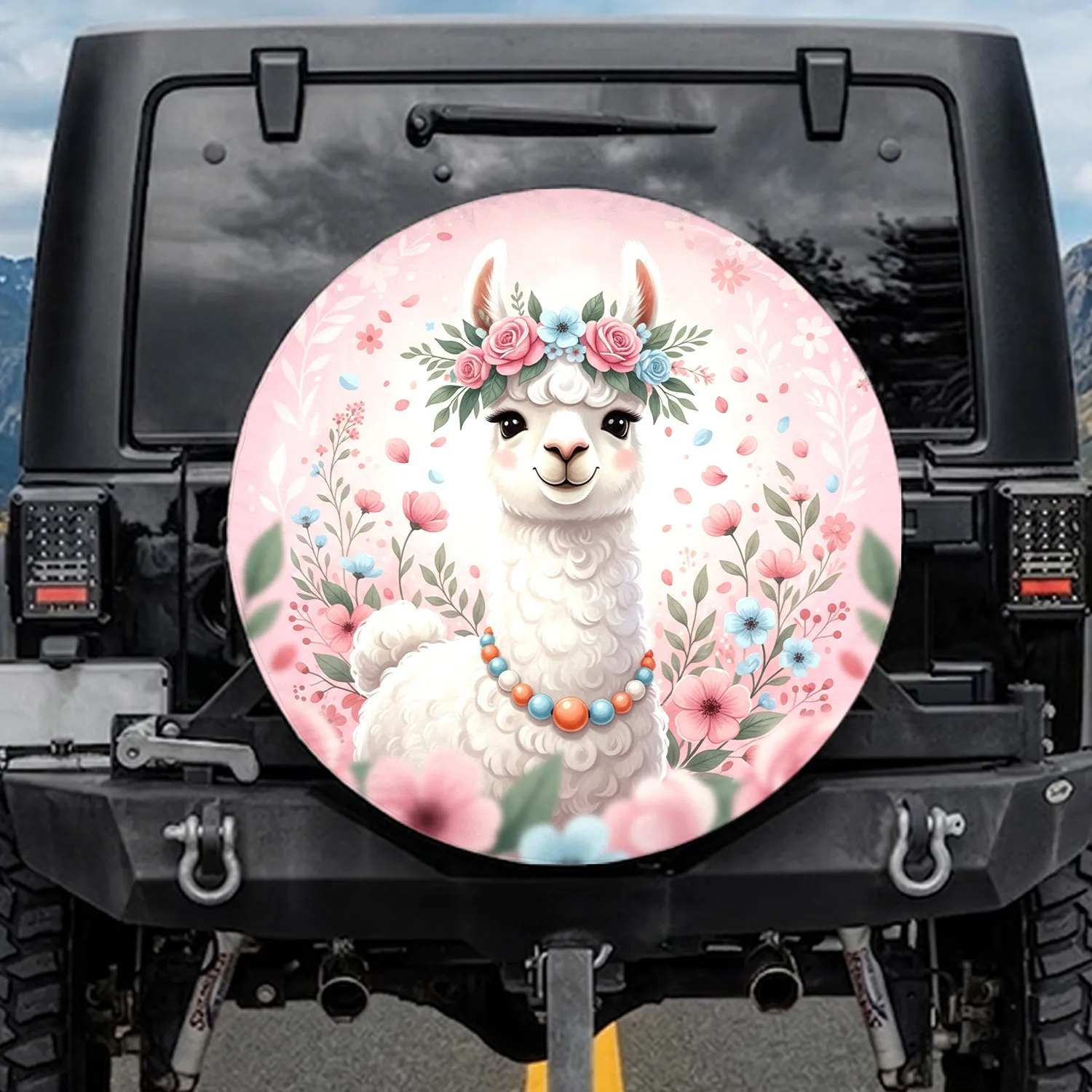 White Llama Flower Crown Beaded Necklace Floral Wildflower Nature Lover Gift Spare Tire Cover - 1