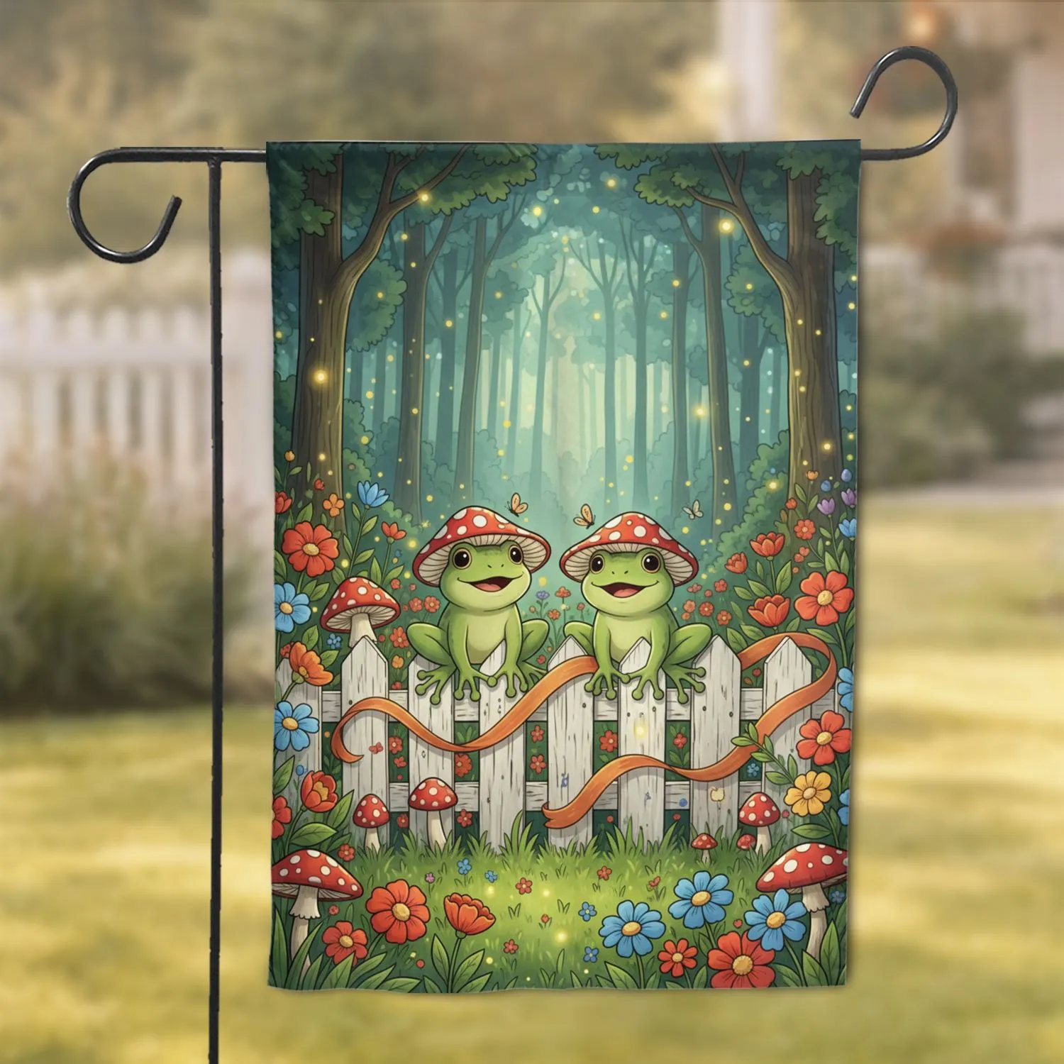 Cartoon Frogs Mushroom Caps Picket Fence Garden - Nature Lover Home Decor Gift Garden Flag - 1