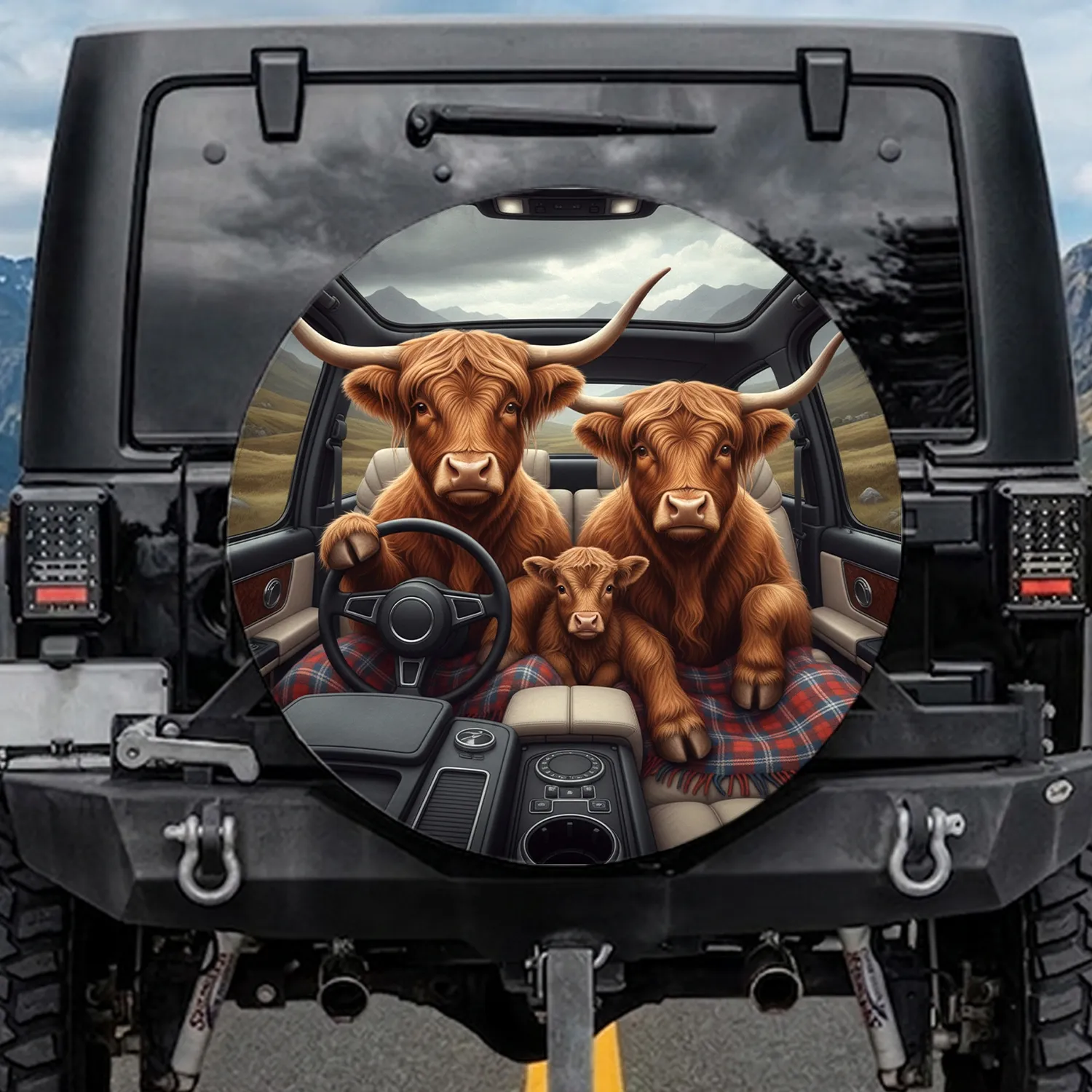 Highland Cattle Road Trip Landscape - Wildlife Lover Gift for Cow Lover Spare Tire Cover - 1