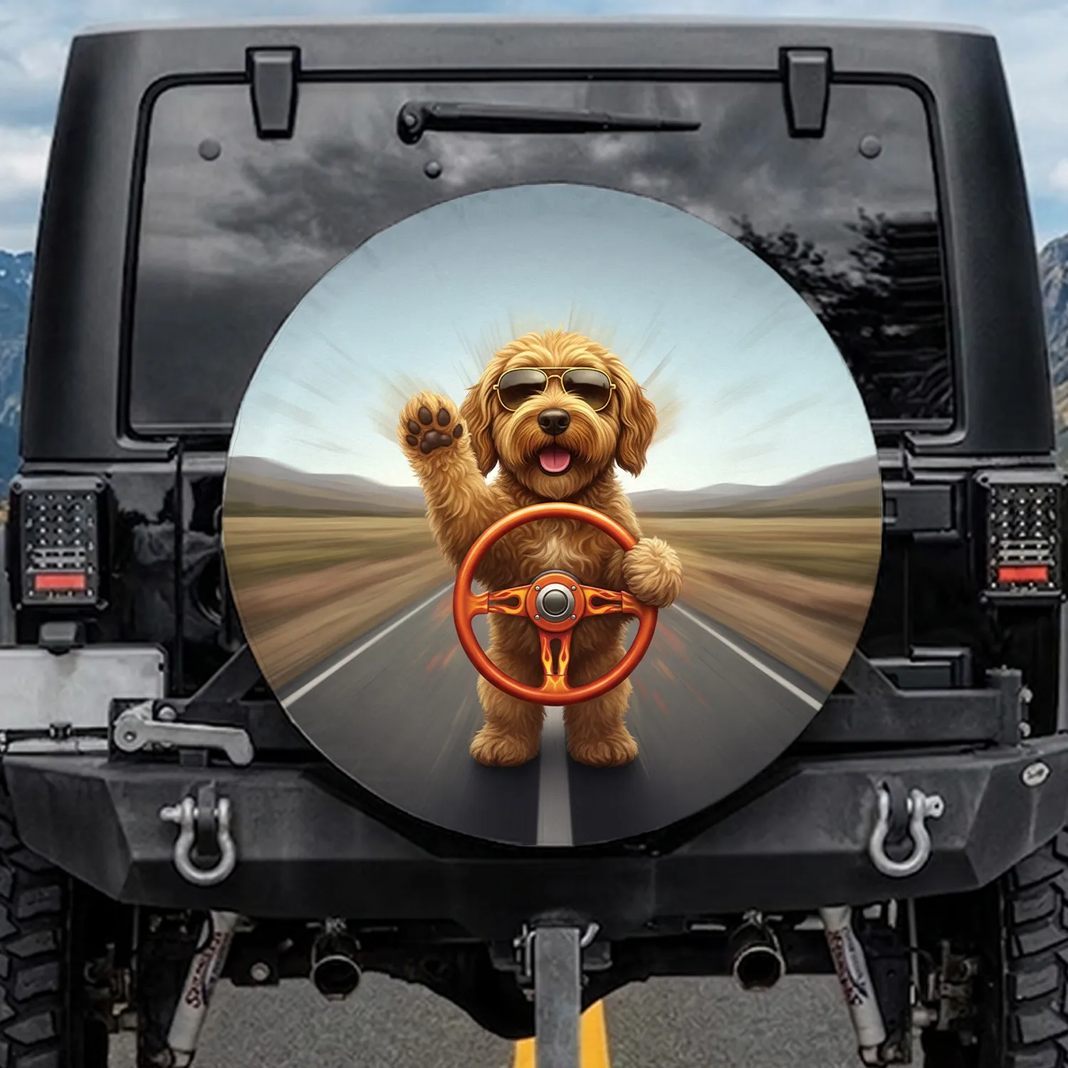 Happy Doodle Dog Sunglasses Steering Wheel Hot Rod Flames - Driving Lover Gift Spare Tire Cover - 1