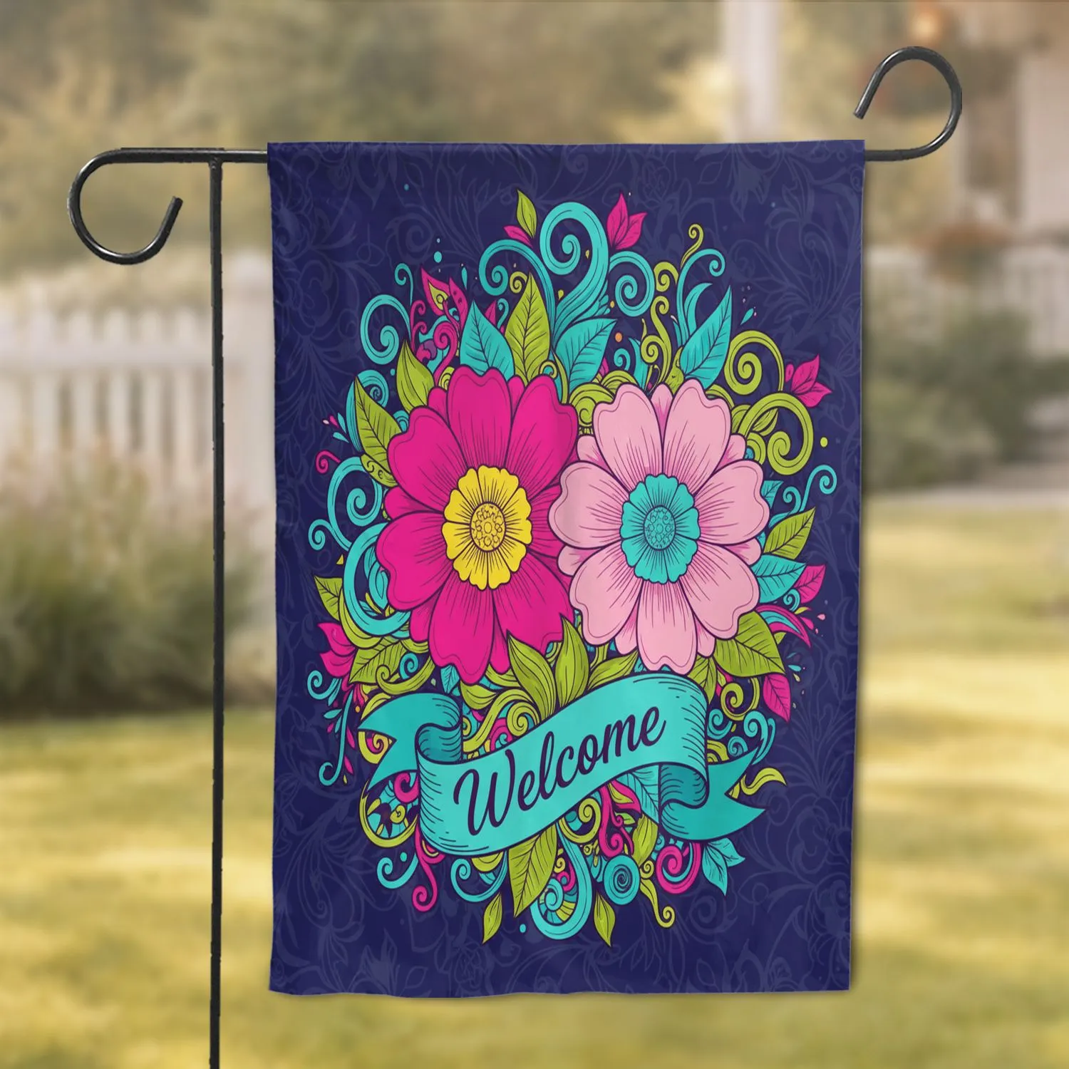 Fuchsia Pink Blooming Flowers Welcome - Psychedelic Floral Home Decor Gift Garden Flag - 1