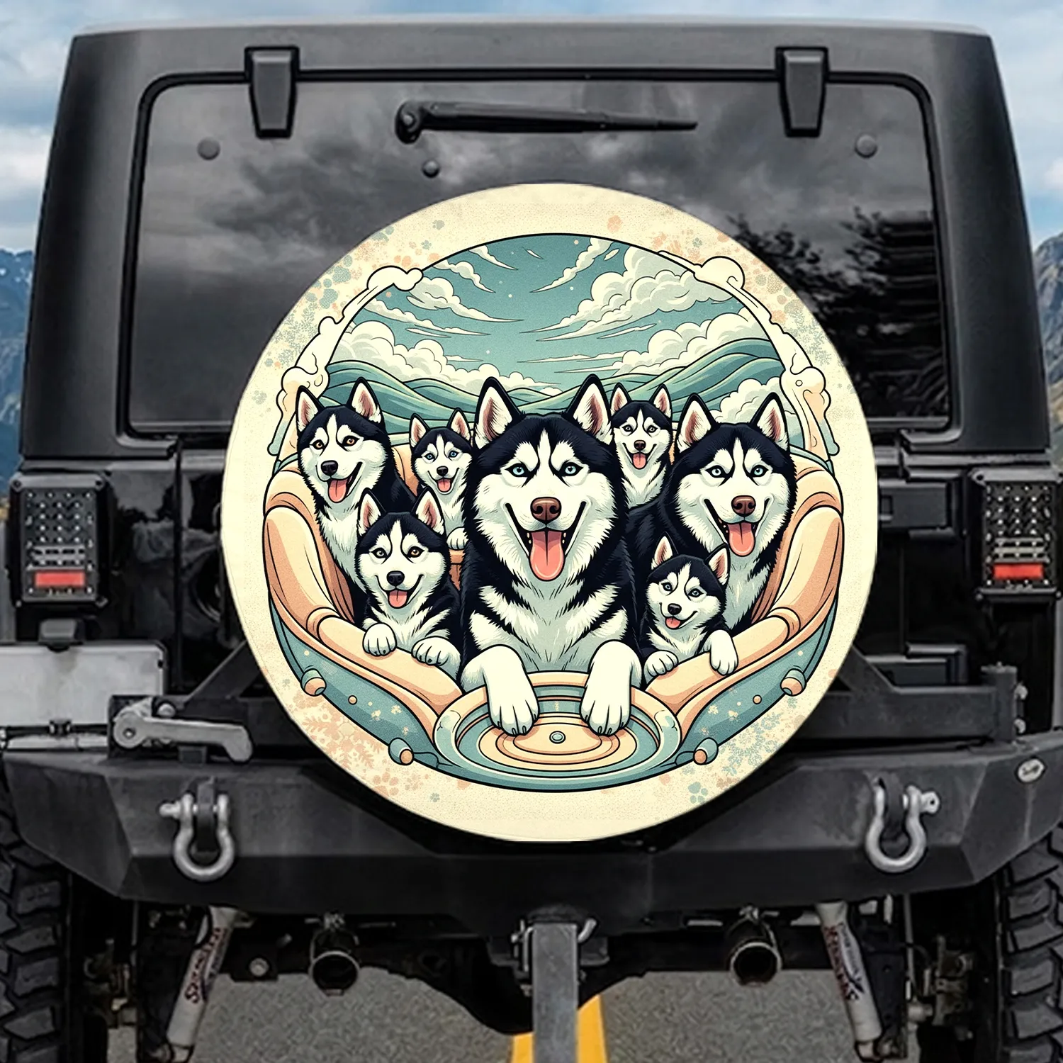 Six Grinning Siberian Huskies Dog Pack Expressive Eyes - Outdoor Vehicle Gift for Dog Lovers Spare Tire Cover - 1