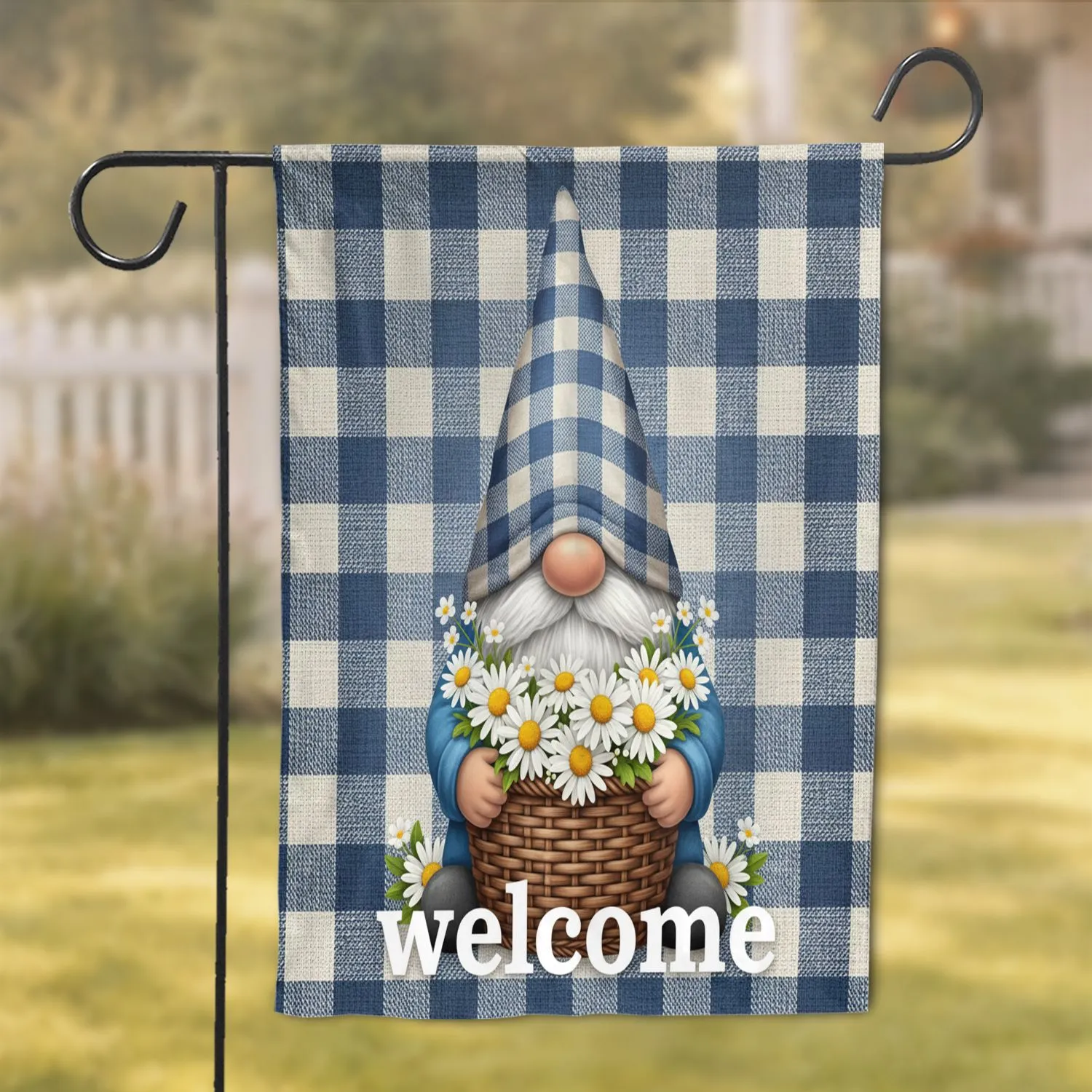 Garden Gnome Welcome Daisies Gingham - Home Decor Gift for Gnome Lover Garden Flag - 1