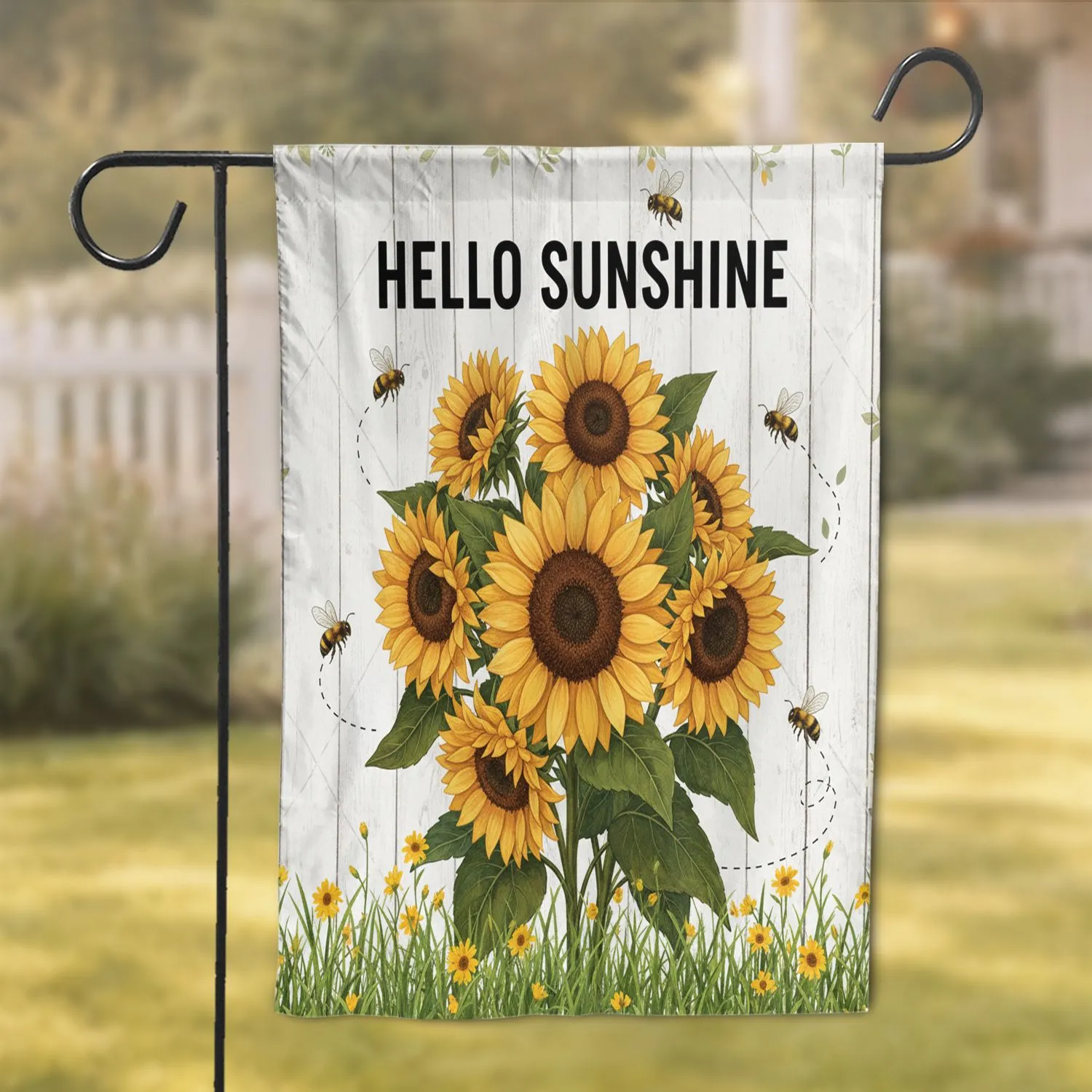 Hello Sunshine Sunflowers Honeybees Rustic Wood - Farmhouse Decor Gift Garden Flag - 1