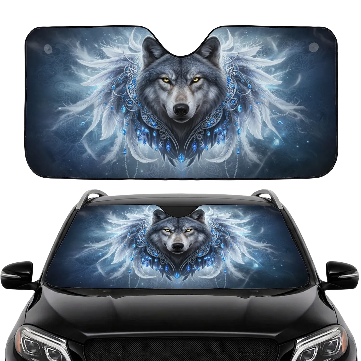 Majestic Alpha Wolf Head Sapphire Feather Filigree - Car Interior Upgrade Wolf Lover Gift Car Sunshade - 1