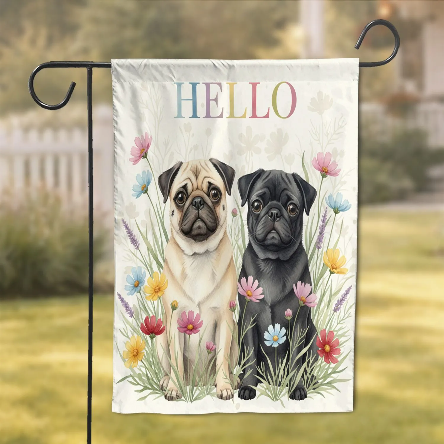 Fawn Black Pugs Cosmos Flowers Lush Foliage HELLO Word - Everyday Home Decor Gift for Dog Lovers Garden Flag - 1
