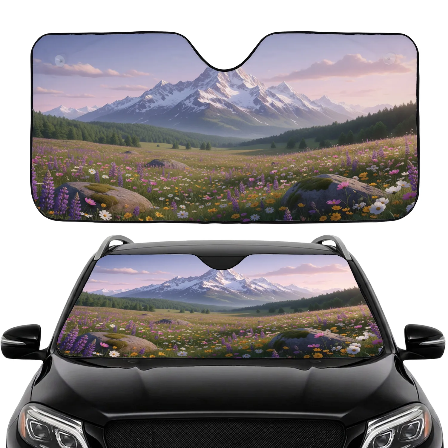 Snow-capped Mountain Wildflower Meadow Verdant Hills - Road Trip Gift for Nature Lovers Car Sunshade - 1