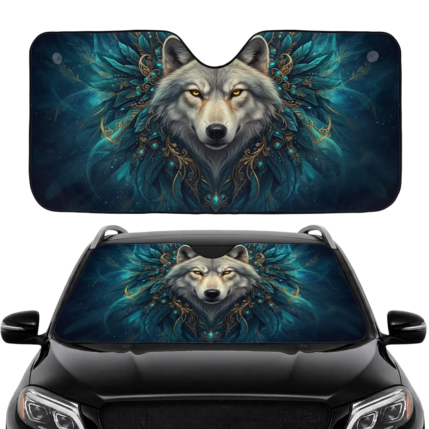 Majestic Wolf Head Feather Filigree - Road Trip Travel Accessory for Wildlife Lovers Car Sunshade - 1