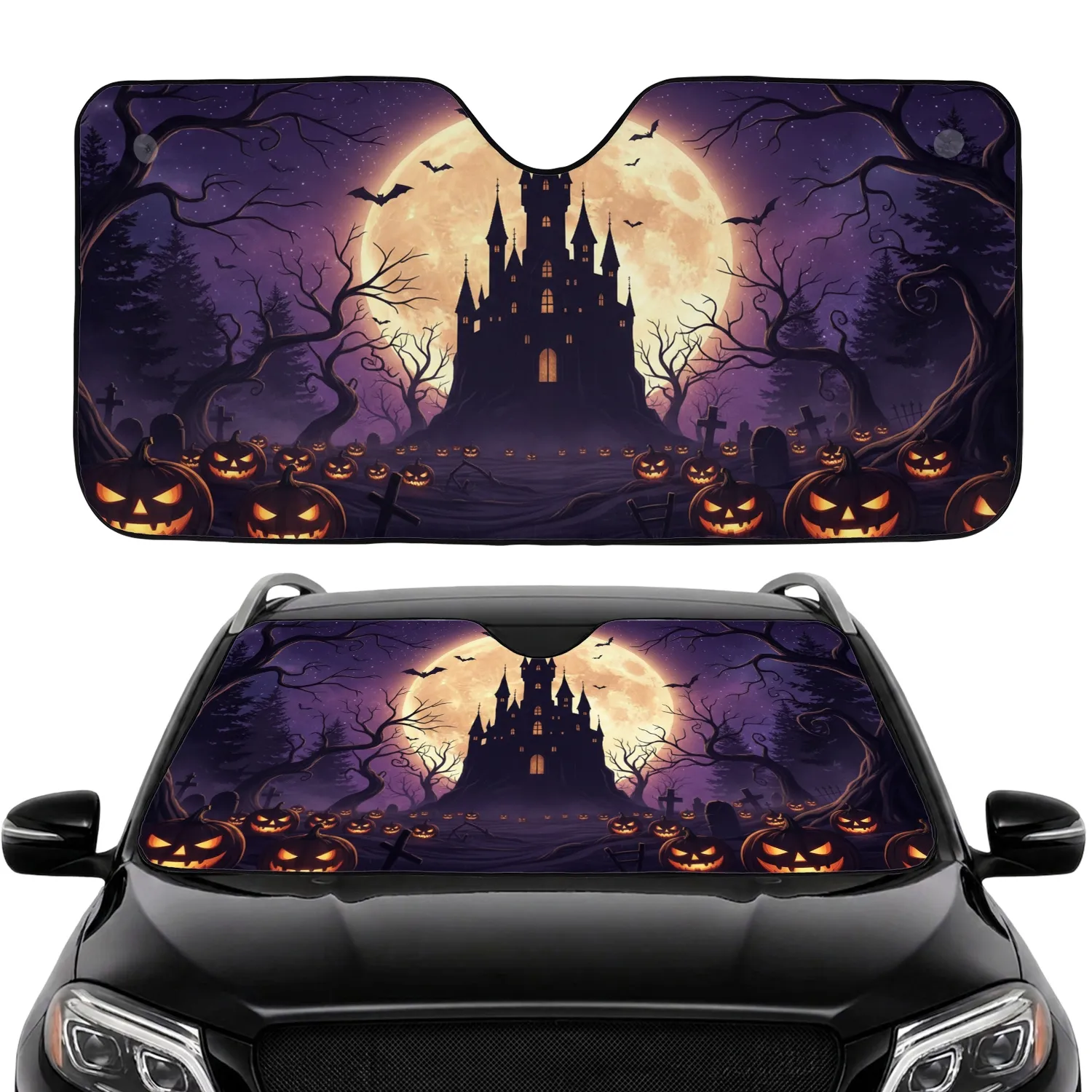 Haunted Castle Full Moon Bats Jack-o'-Lanterns Spooky Halloween Car Interior Upgrade Car Sunshade - 1