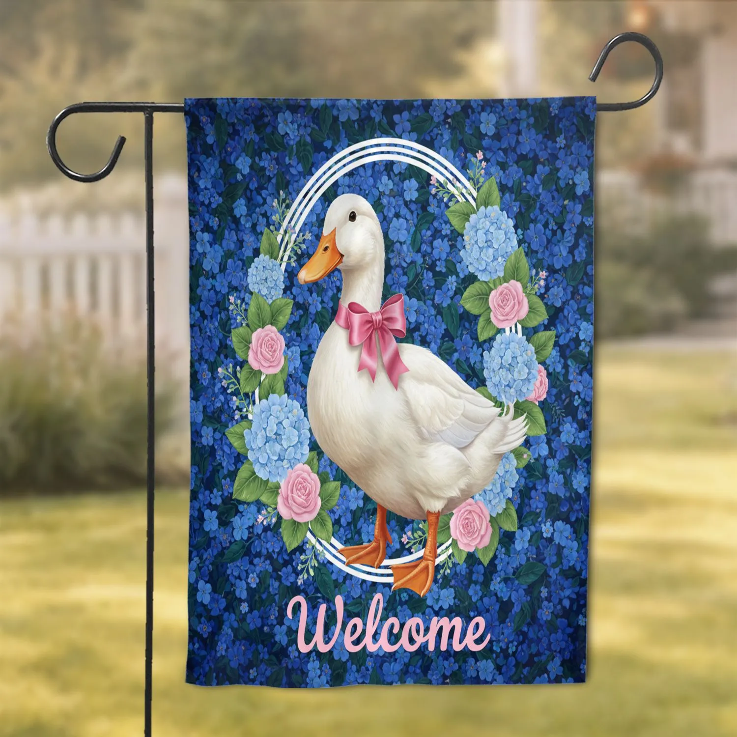 White Duck Pink Bow Welcome Wreath Hydrangea Rose - Garden Decor Gift for Duck Lovers Garden Flag - 1