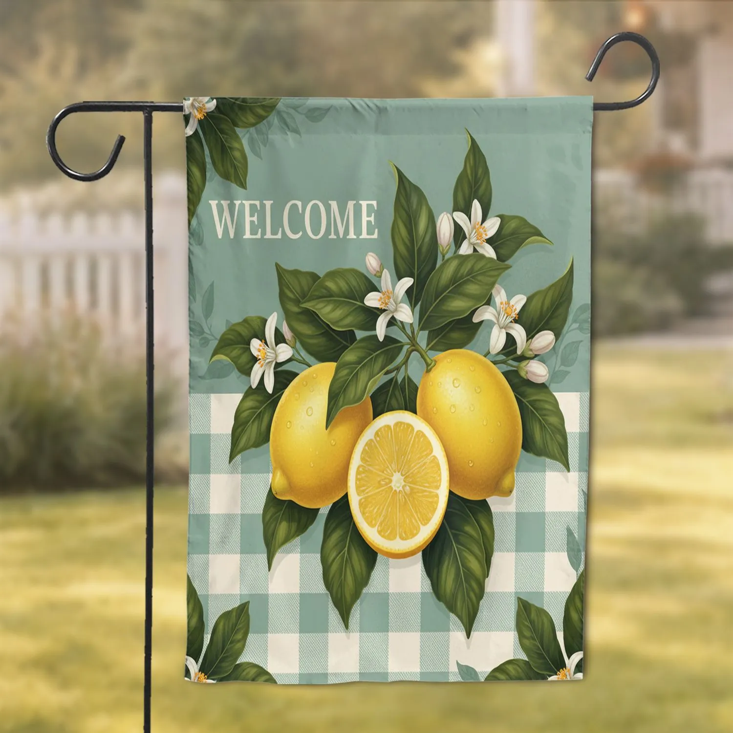 Rustic Welcome Lemons Blossom Branch Gingham Plaid - Farmhouse Home Decor Gift Garden Flag - 1