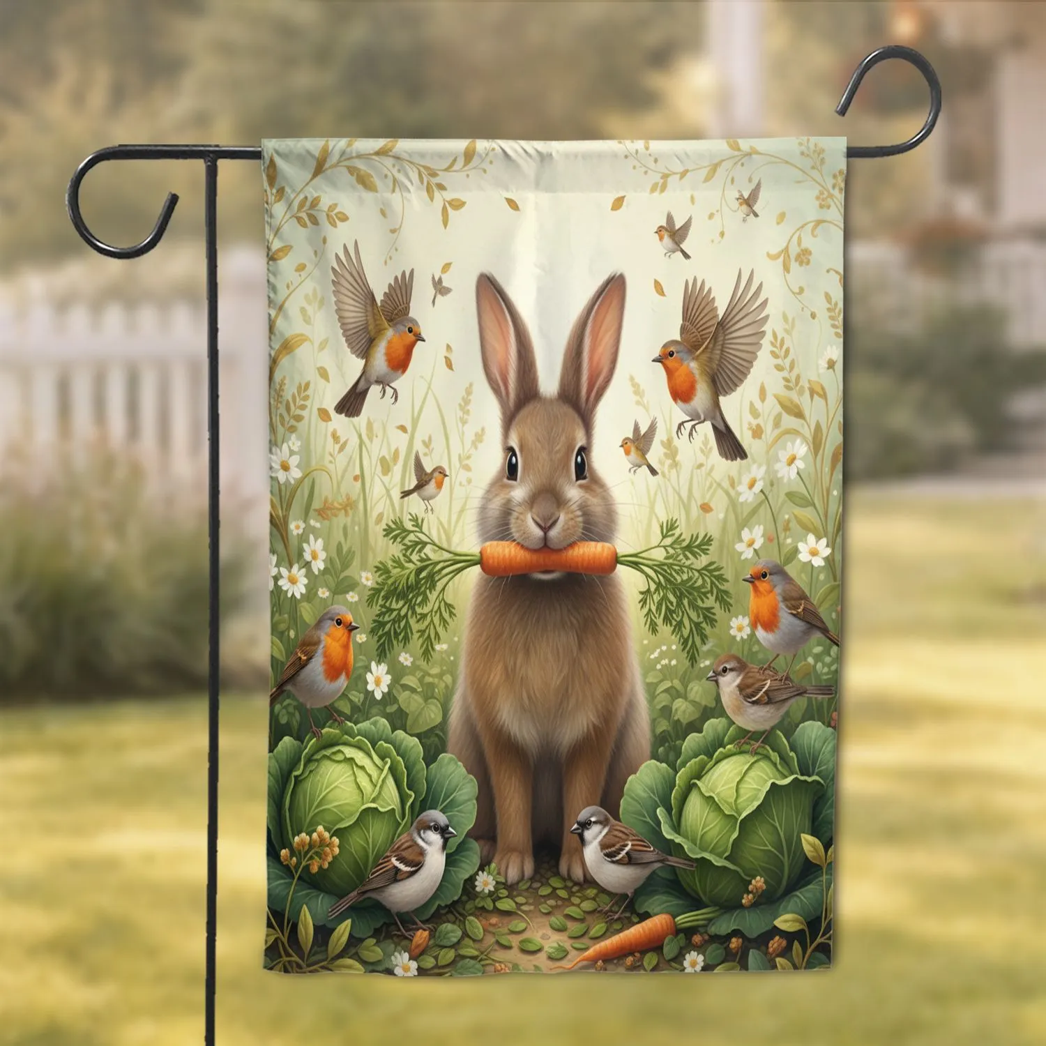 Fluffy Brown Rabbit Carrot Songbirds - Spring Home Decor Wildlife Lover Gift Garden Flag - 1