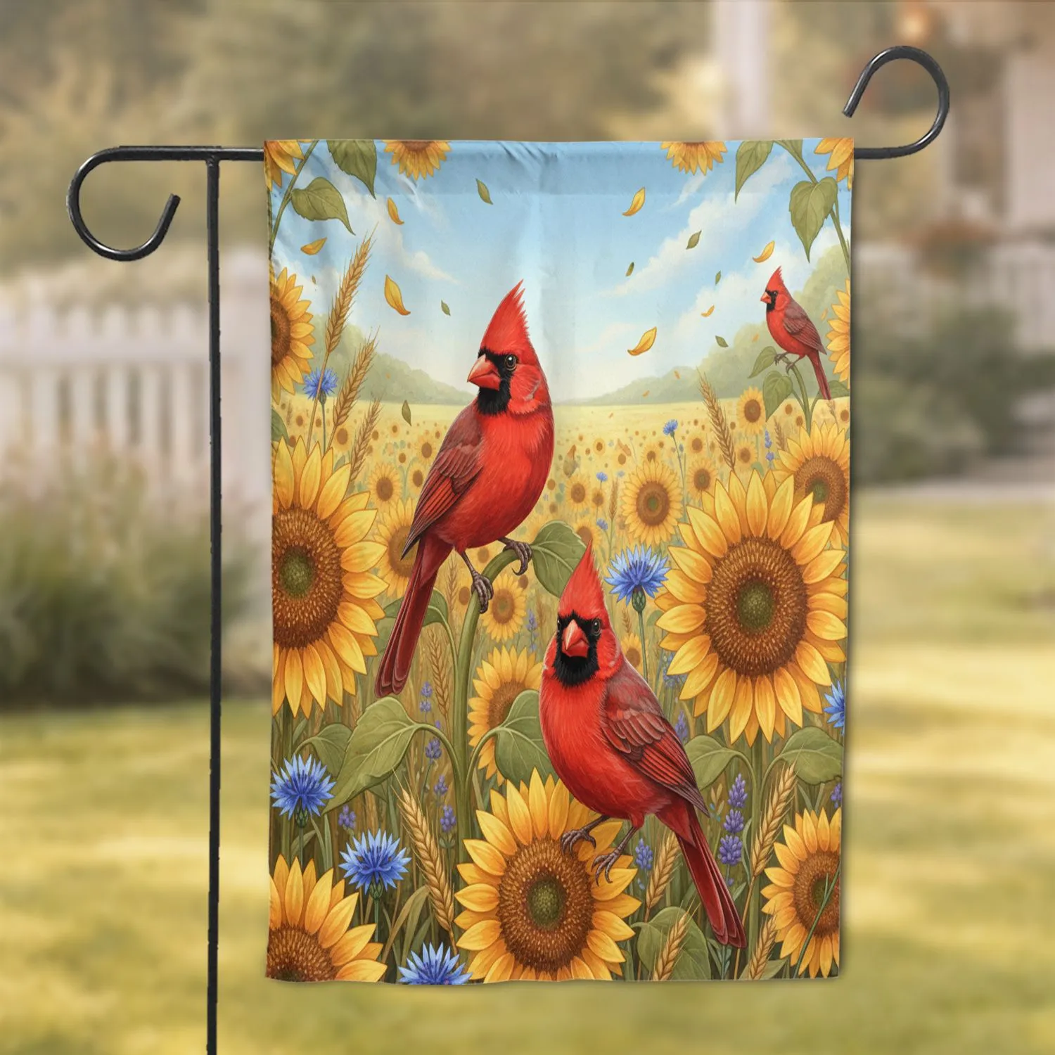 Northern Cardinals Golden Sunflowers Wheat Field Blue Sky - Wildlife Lover Decor Gift Garden Flag - 1