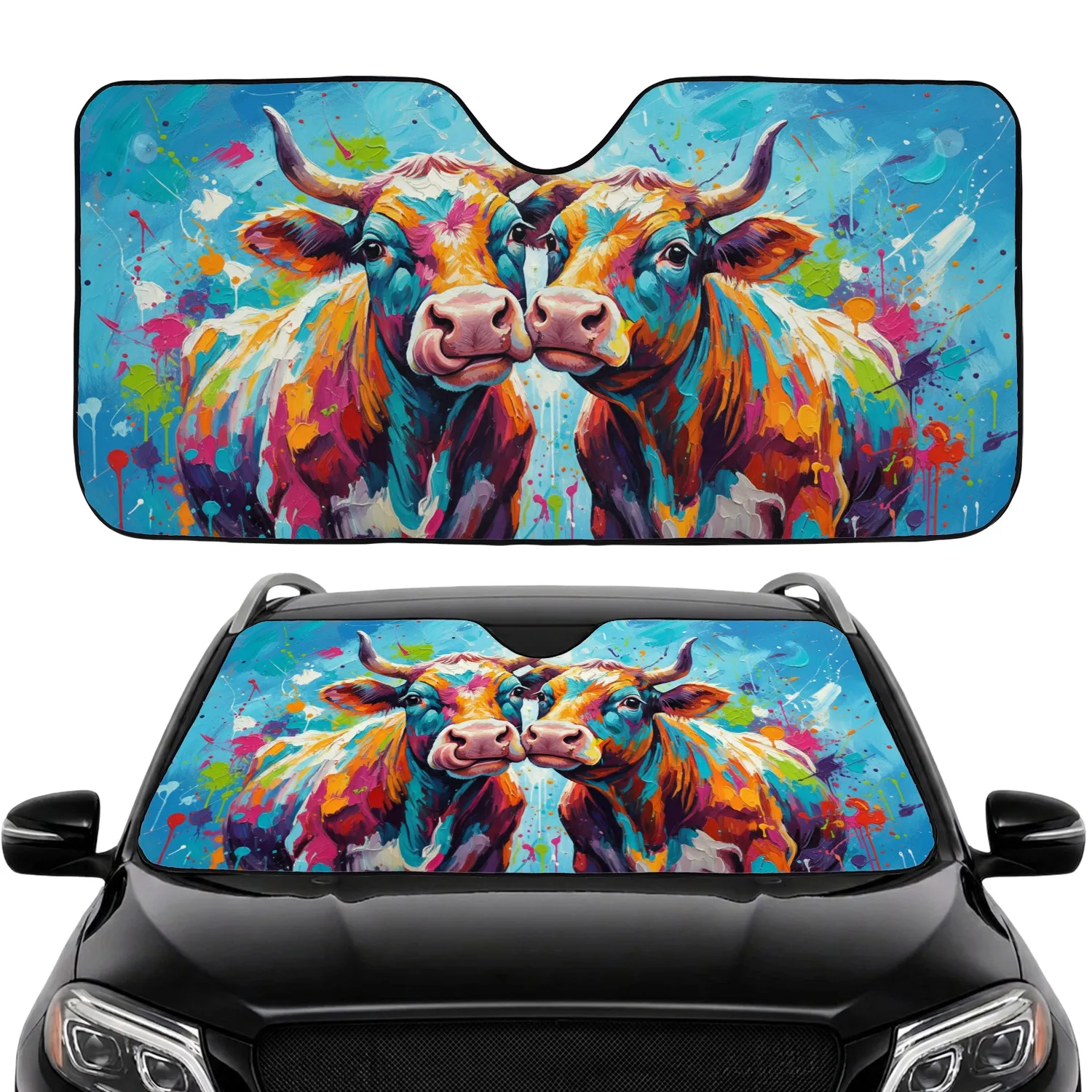 Vibrant Colorful Expressive Cows Playful Affection - Car Interior Upgrade Cow Lover Car Sunshade - 1