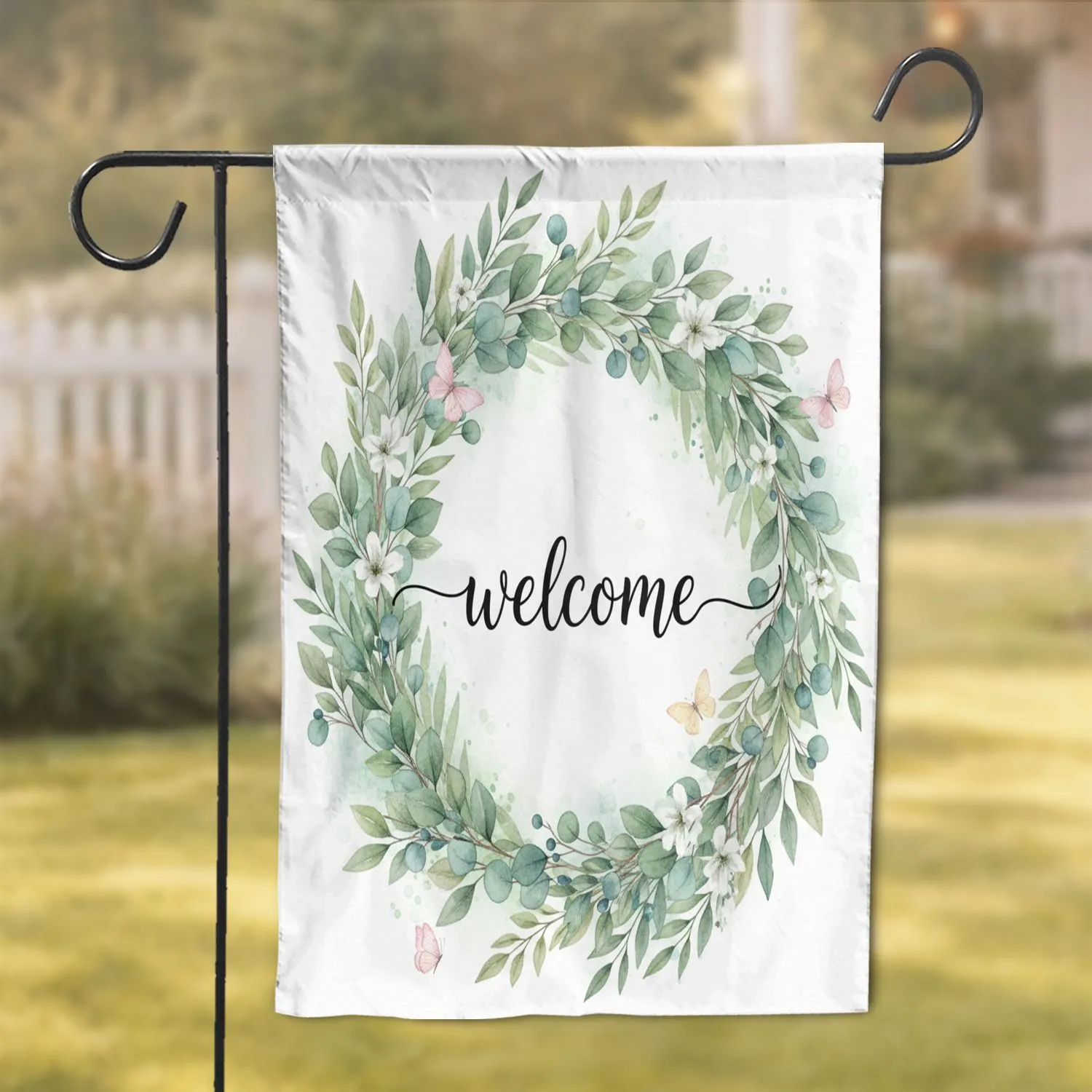 Welcome Script Lush Green Foliage Eucalyptus Berries Pastel Butterflies - Home Decor Gift Garden Flag - 1