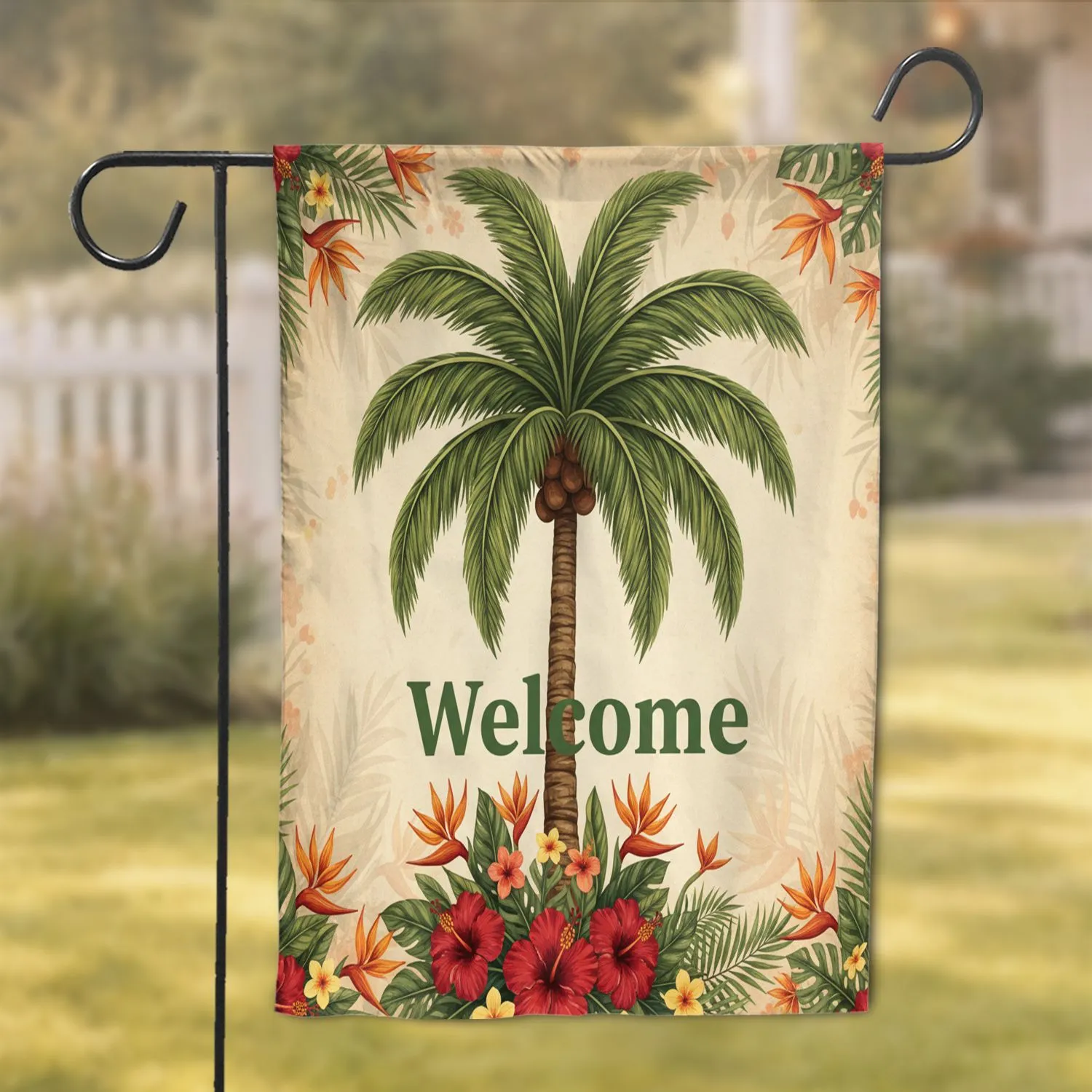 Tropical Palm Tree Hibiscus Flowers Welcome Sign - Garden Decor Gift for Gardeners Garden Flag - 1