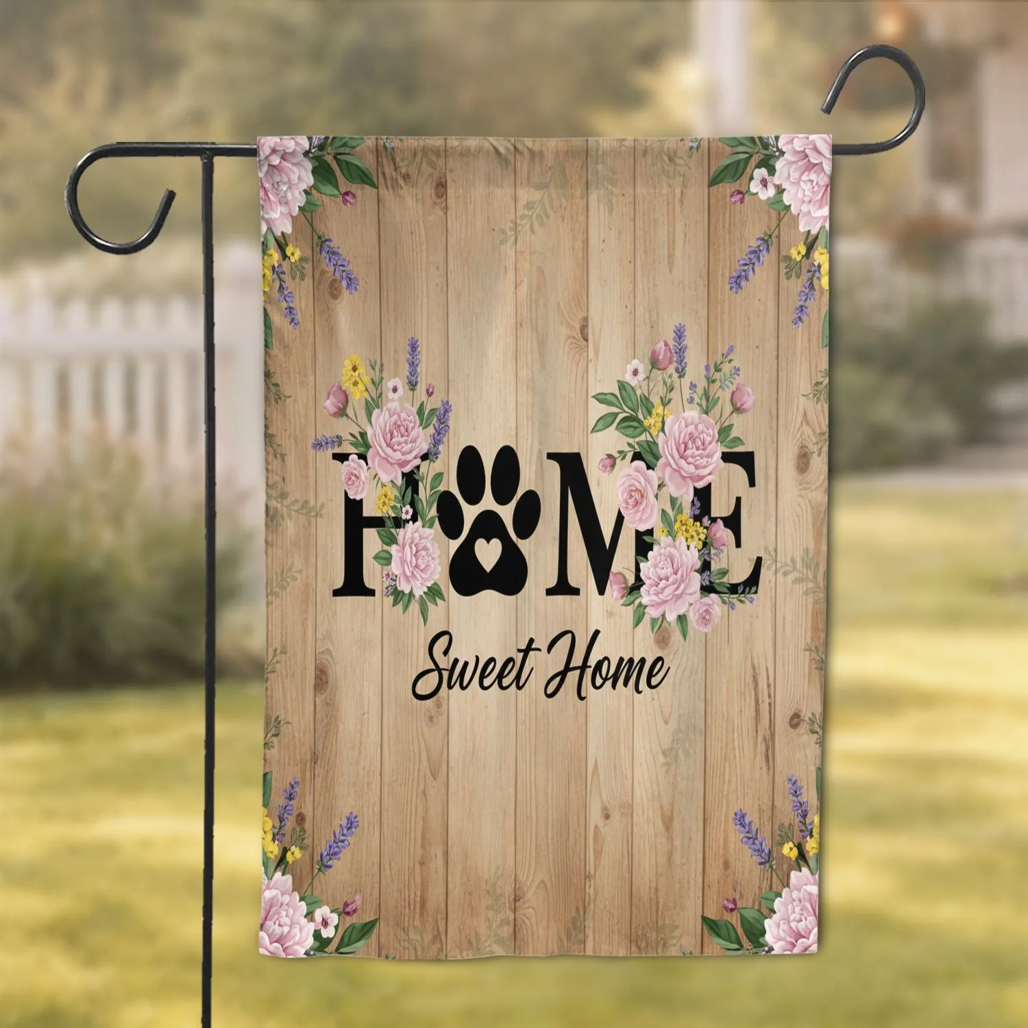 HOME Paw Print Peony Wildflower Rustic Wood - Home Decor Gift for Pet Lovers & Garden Fans Garden Flag - 1