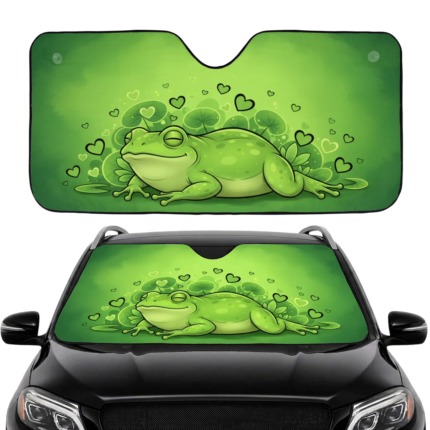Peaceful Green Frog Heart Symbol Water Lily Pads Leaf Motifs Lush Field Road Trip Gift Car Sunshade - 1
