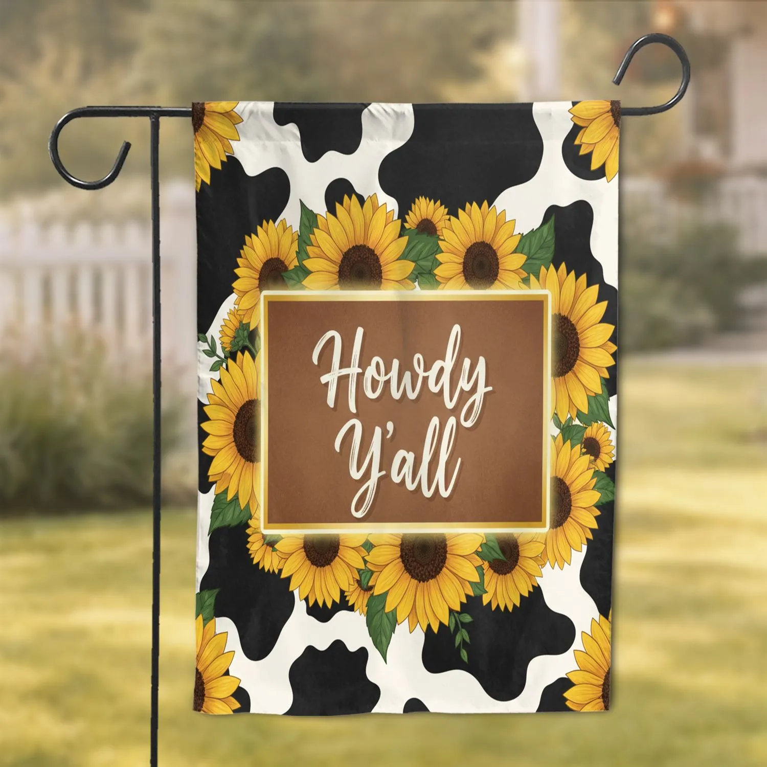 Howdy Y'all Sunflowers Cowhide - Modern Country Farmhouse Home Decor Garden Flag - 1