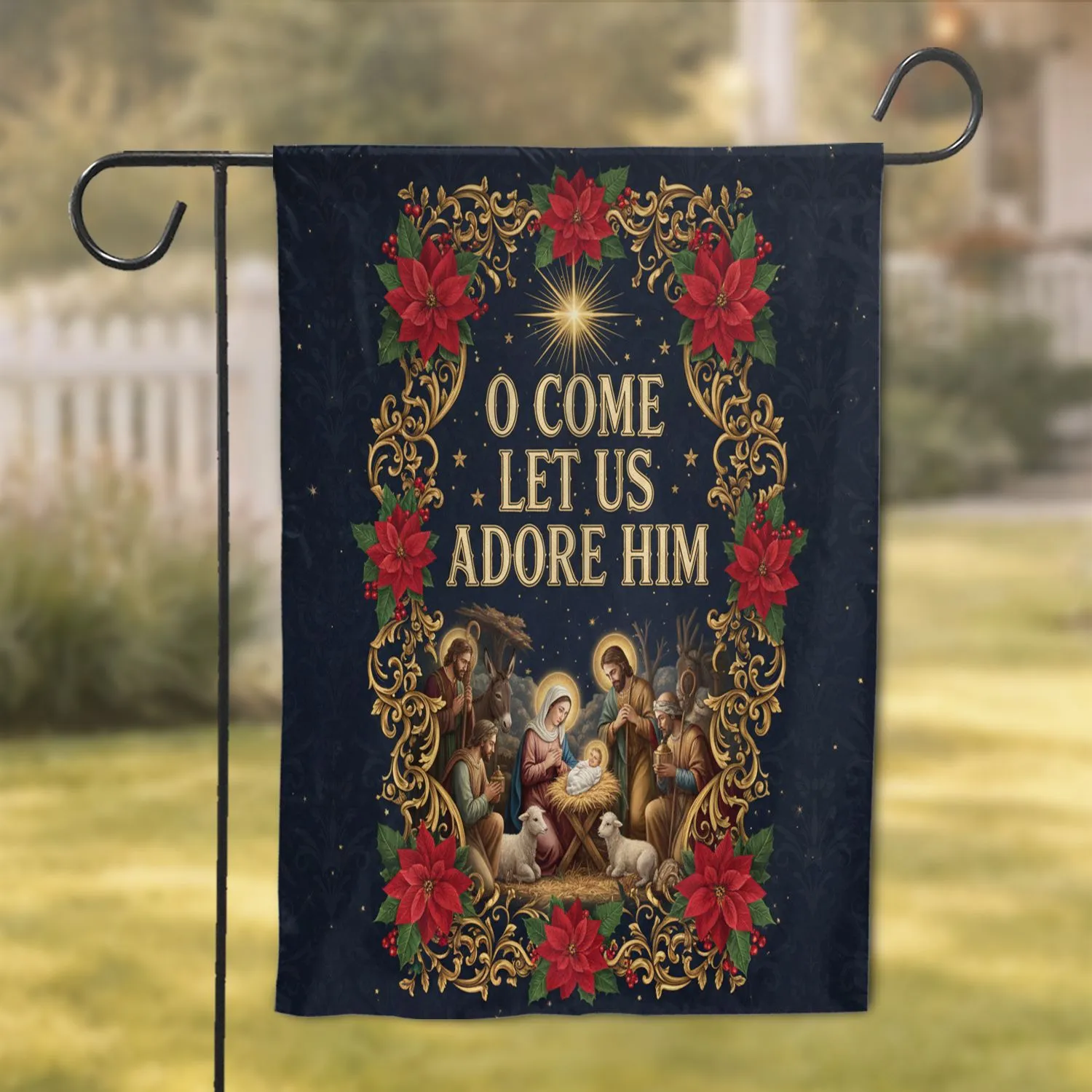 O Come Let Us Adore Him Ornate Nativity Poinsettia Christmas Religious Home Decor Gift Garden Flag - 1