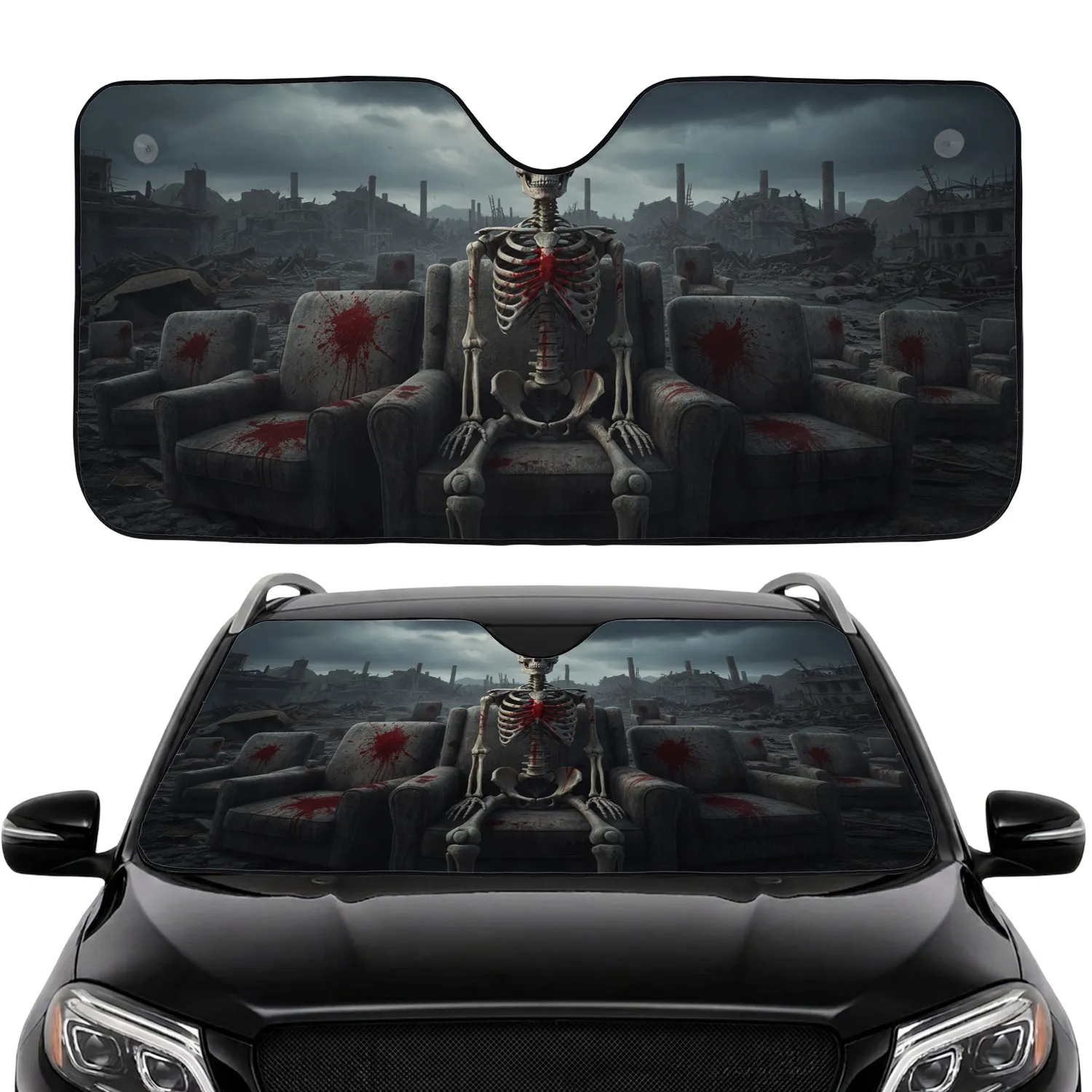 Desolate Skeleton Blood Splatter Wasteland Industrial Ruins - Car Interior Upgrade Car Sunshade - 1