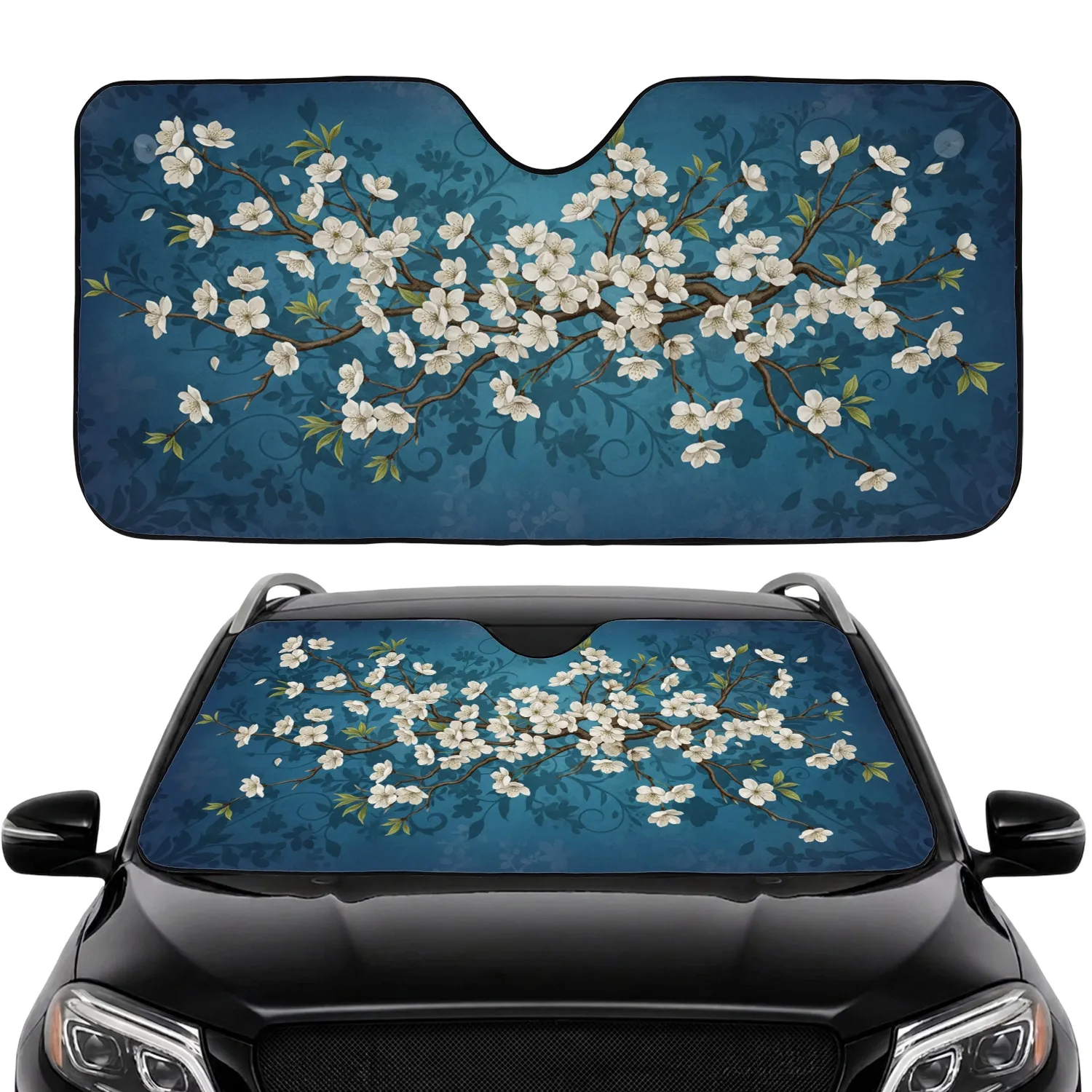Cream White Cherry Blossoms Gnarled Branch - Car Interior Upgrade Road Trip Travel Car Sunshade - 1