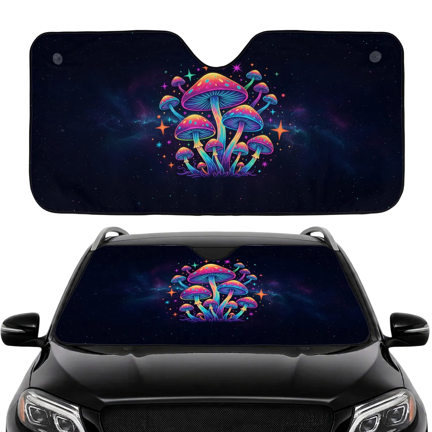 Psychedelic Glowing Mushrooms Cosmic Stars Car Interior Upgrade Car Sunshade - 1