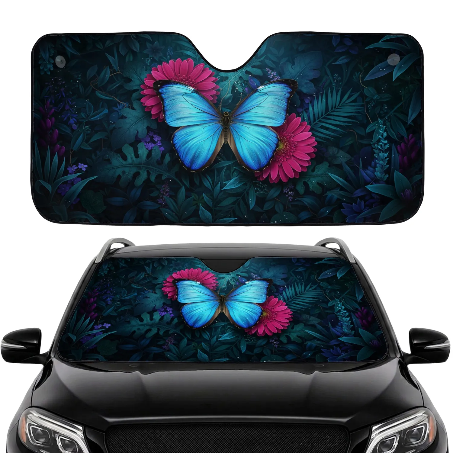 Iridescent Blue Morpho Butterfly Fuchsia Gerbera Botanical Car Interior Upgrade Car Sunshade - 1