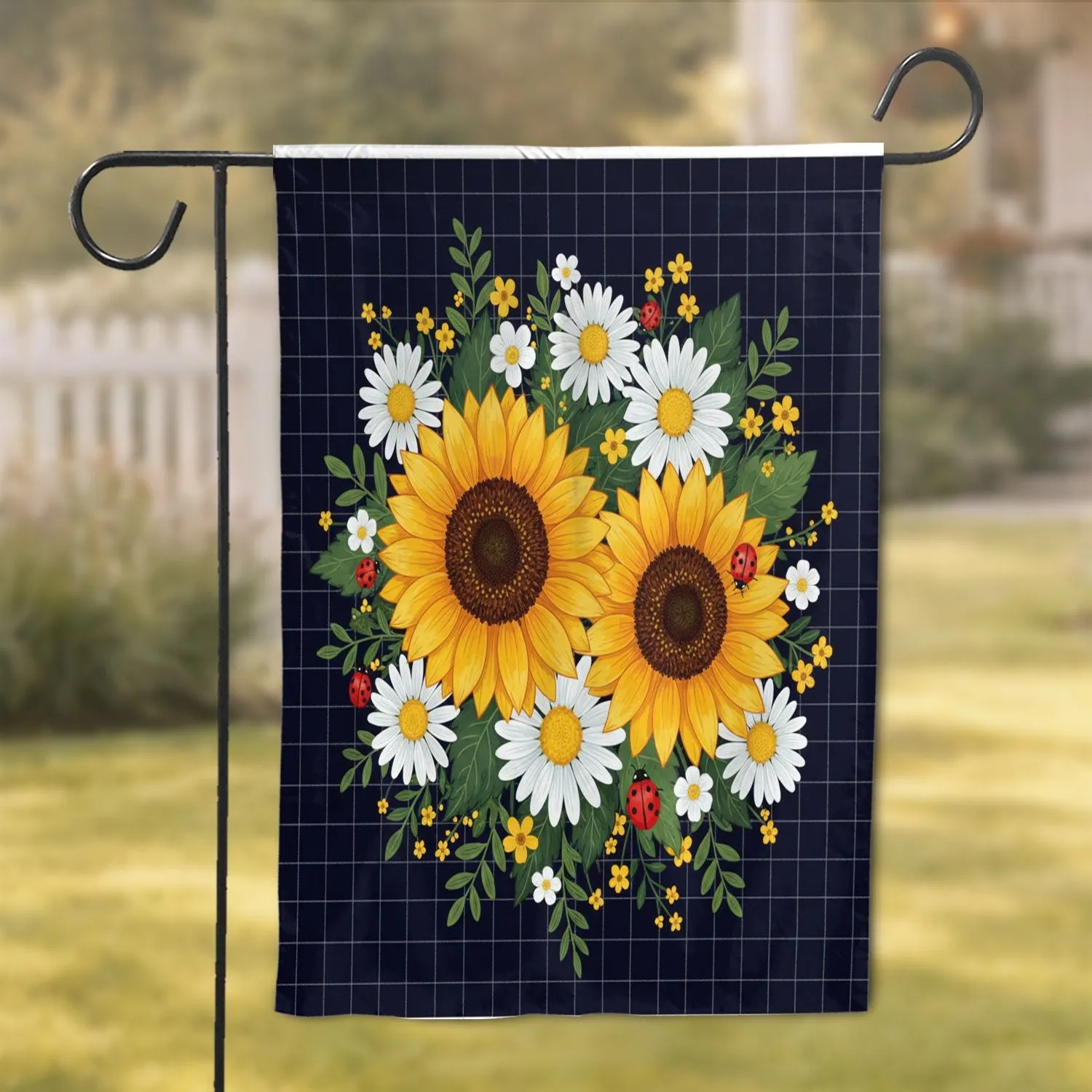Floral Garden Golden Sunflowers White Daisies Ladybugs - Nature Lover Home Decor Gift Garden Flag - 1