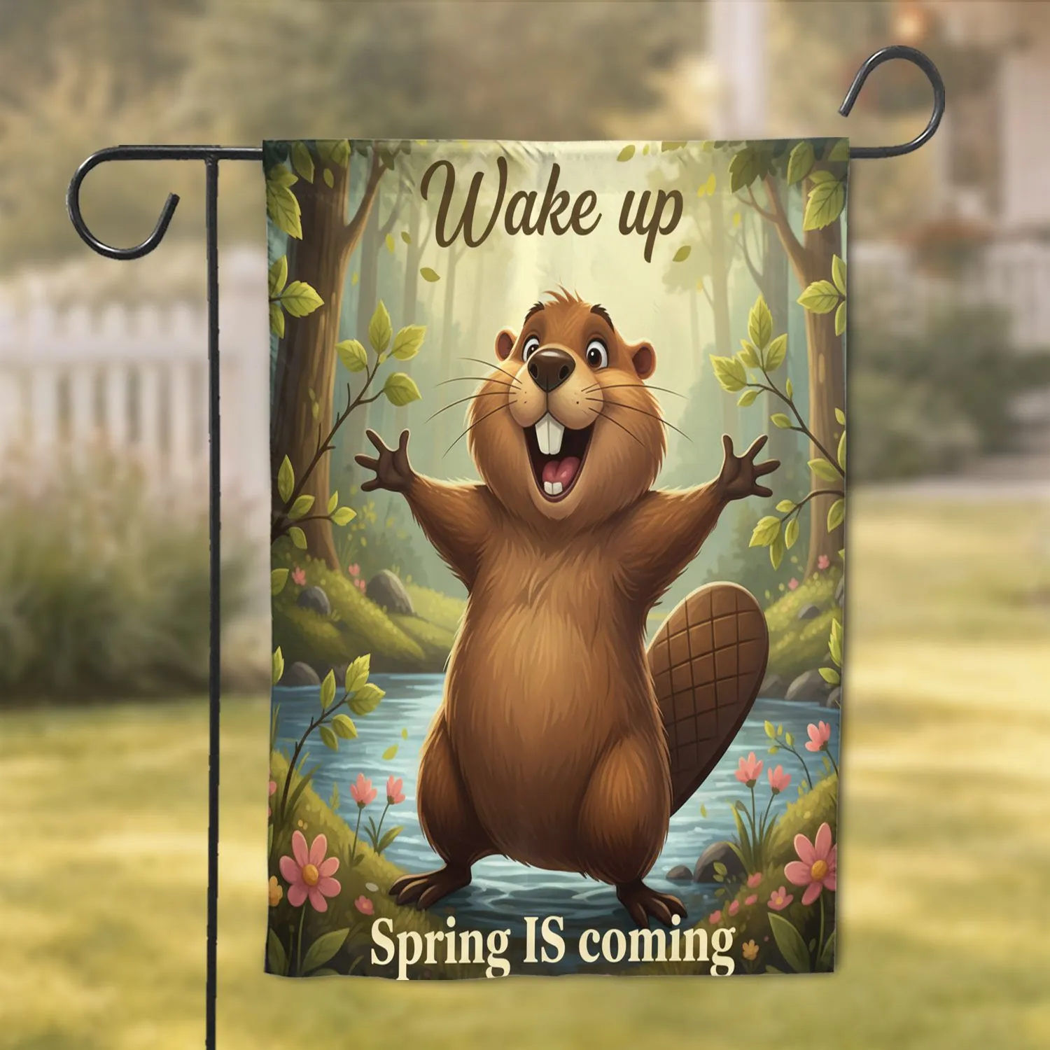 Excited Cartoon Beaver Spring Foliage Wildflowers - Spring Awakening Nature Lover Gift Garden Flag - 1