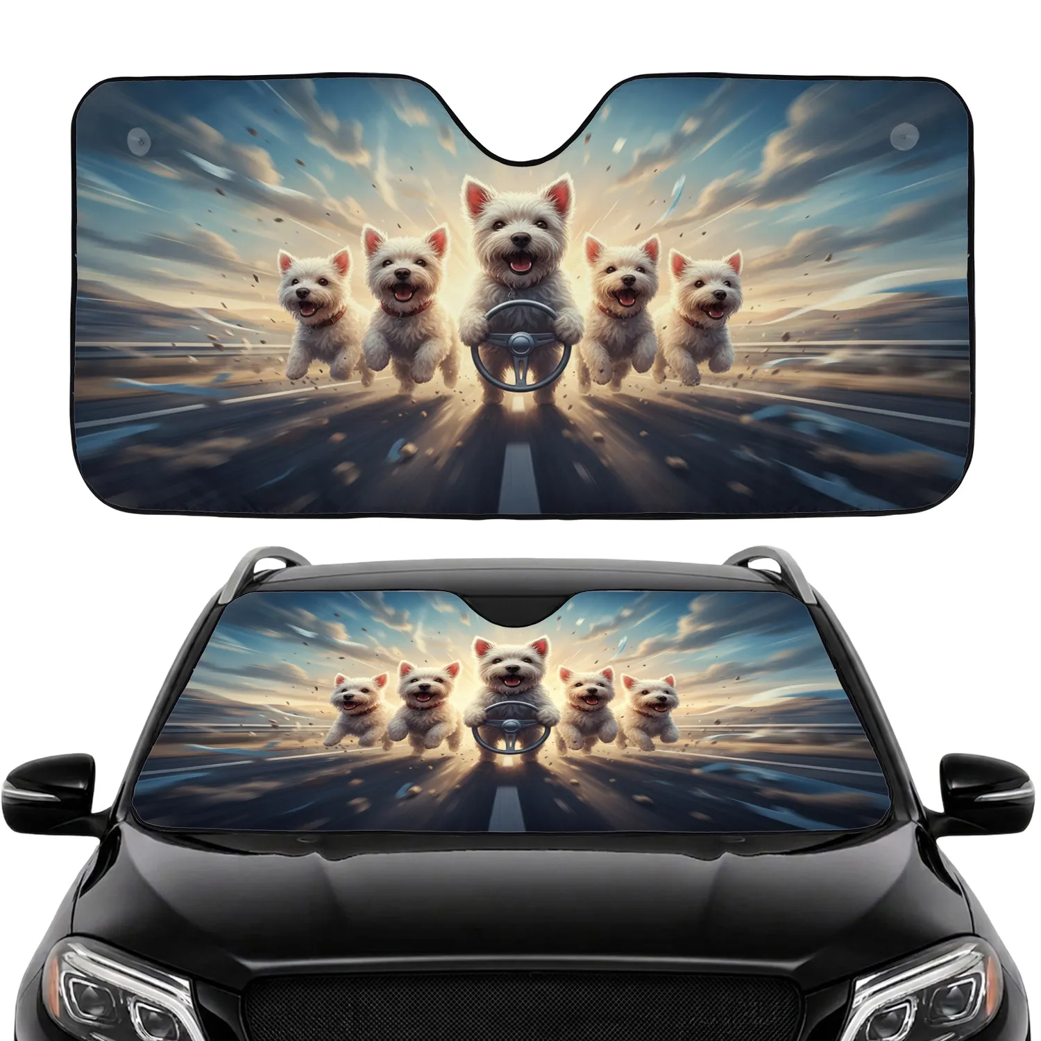 Six Fluffy Terrier Dogs Driving Highway Adventure - Road Trip Gift for Pet Lovers Car Sunshade - 1